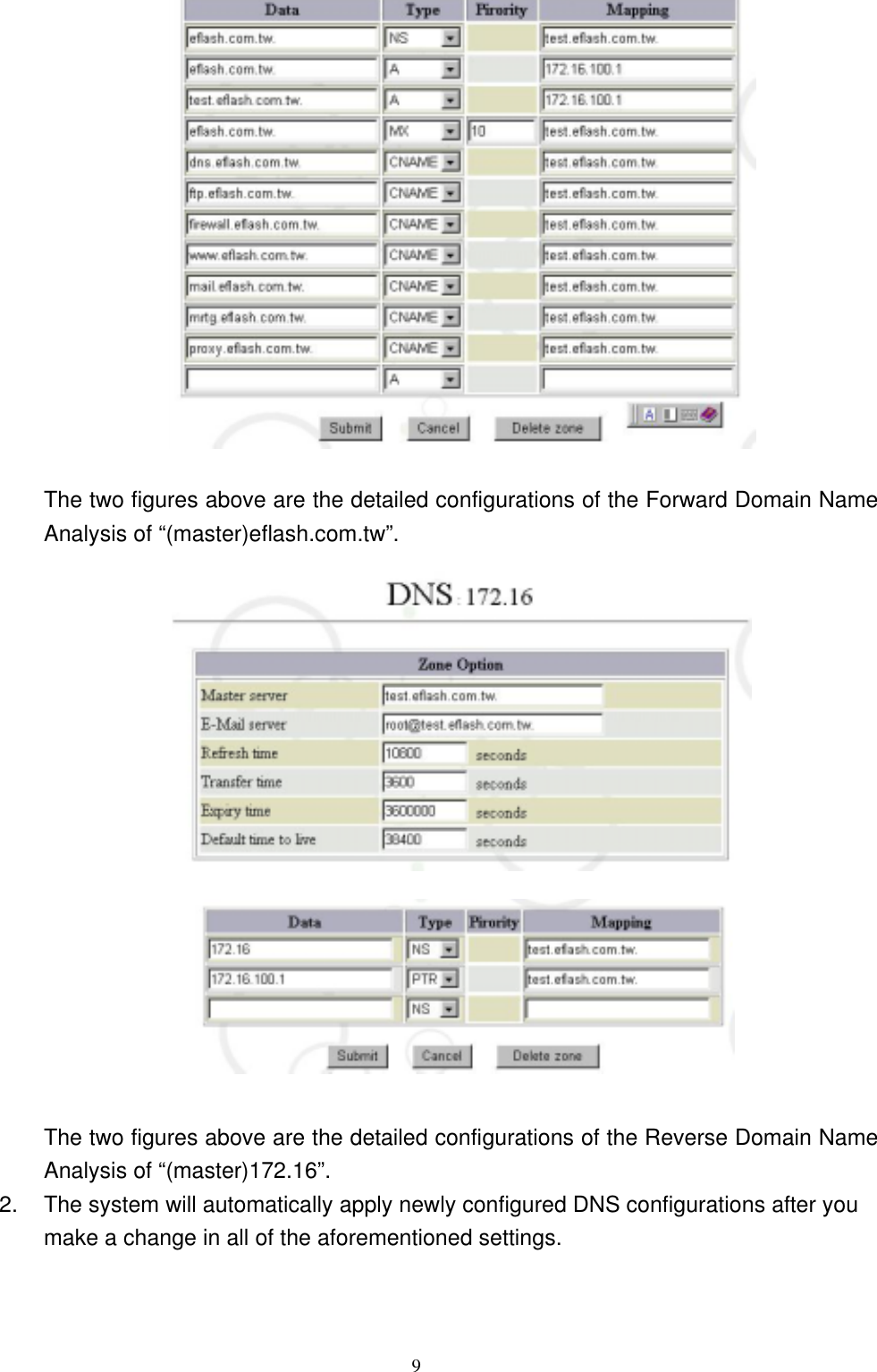  9  The two figures above are the detailed configurations of the Forward Domain Name Analysis of “(master)eflash.com.tw”.   The two figures above are the detailed configurations of the Reverse Domain Name Analysis of “(master)172.16”. 2.  The system will automatically apply newly configured DNS configurations after you make a change in all of the aforementioned settings.   