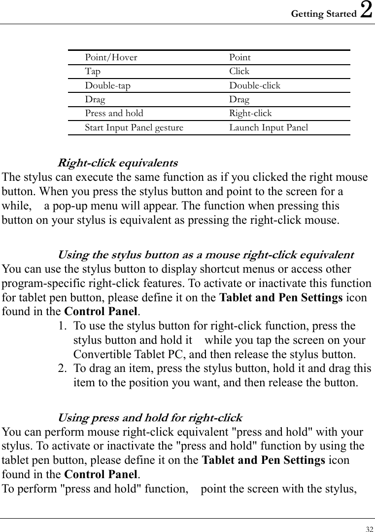 Getting Started 2 32  Point/Hover Point Tap Click Double-tap Double-click Drag Drag Press and hold  Right-click Start Input Panel gesture  Launch Input Panel Right-click equivalents   The stylus can execute the same function as if you clicked the right mouse button. When you press the stylus button and point to the screen for a while,    a pop-up menu will appear. The function when pressing this   button on your stylus is equivalent as pressing the right-click mouse.   Using the stylus button as a mouse right-click equivalent You can use the stylus button to display shortcut menus or access other program-specific right-click features. To activate or inactivate this function for tablet pen button, please define it on the Tablet and Pen Settings icon found in the Control Panel. 1.  To use the stylus button for right-click function, press the stylus button and hold it    while you tap the screen on your Convertible Tablet PC, and then release the stylus button.   2.  To drag an item, press the stylus button, hold it and drag this item to the position you want, and then release the button.     Using press and hold for right-click   You can perform mouse right-click equivalent &quot;press and hold&quot; with your   stylus. To activate or inactivate the &quot;press and hold&quot; function by using the tablet pen button, please define it on the Tablet and Pen Settings icon found in the Control Panel. To perform &quot;press and hold&quot; function,    point the screen with the stylus, 