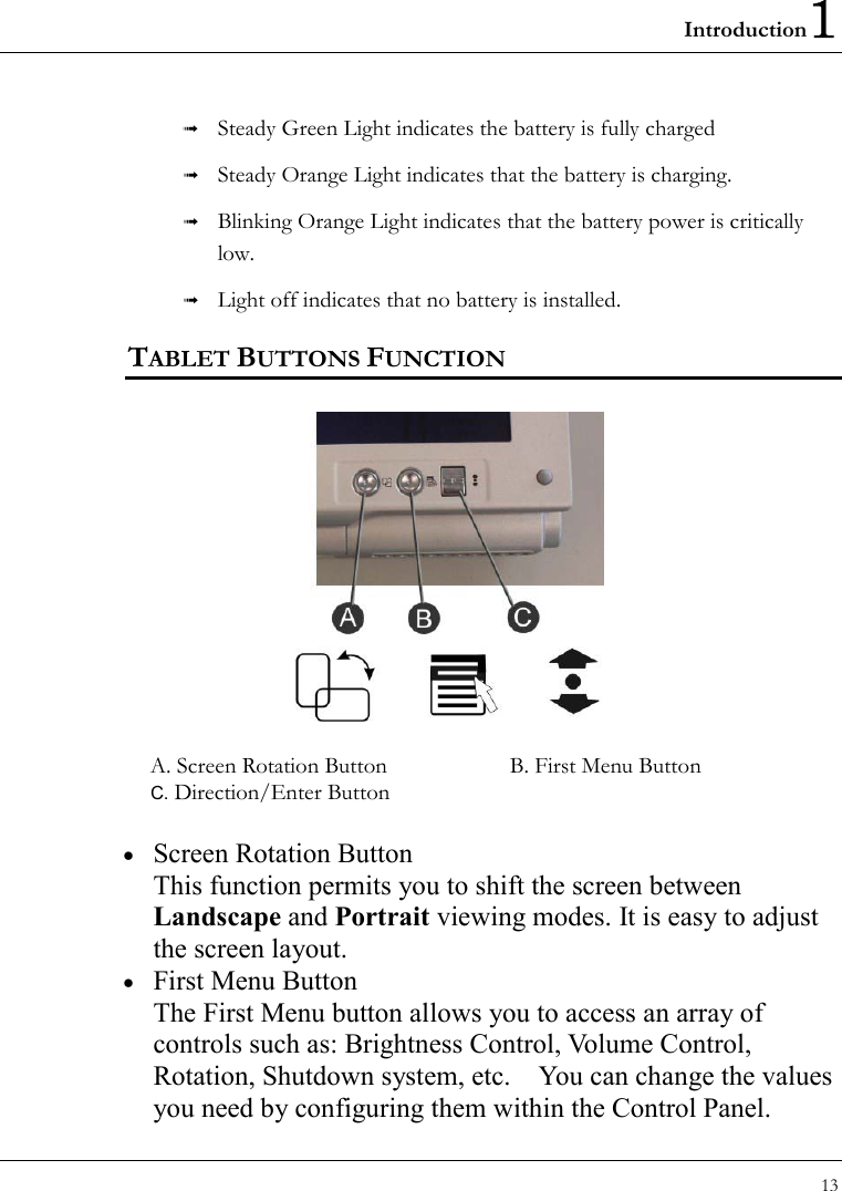 Introduction1 13    Steady Green Light indicates the battery is fully charged   Steady Orange Light indicates that the battery is charging.   Blinking Orange Light indicates that the battery power is critically low.   Light off indicates that no battery is installed. TABLET BUTTONS FUNCTION     A. Screen Rotation Button  B. First Menu Button C. Direction/Enter Button  •  Screen Rotation Button This function permits you to shift the screen between Landscape and Portrait viewing modes. It is easy to adjust the screen layout. •  First Menu Button The First Menu button allows you to access an array of controls such as: Brightness Control, Volume Control, Rotation, Shutdown system, etc.    You can change the values you need by configuring them within the Control Panel. 