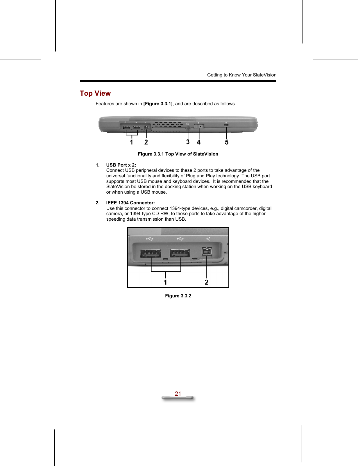 Getting to Know Your SlateVision  21 Top View Features are shown in [Figure 3.3.1], and are described as follows.     Figure 3.3.1 Top View of SlateVision  1.  USB Port x 2: Connect USB peripheral devices to these 2 ports to take advantage of the universal functionality and flexibility of Plug and Play technology. The USB port supports most USB mouse and keyboard devices.  It is recommended that the SlateVision be stored in the docking station when working on the USB keyboard or when using a USB mouse.  2.  IEEE 1394 Connector: Use this connector to connect 1394-type devices, e.g., digital camcorder, digital camera, or 1394-type CD-RW, to these ports to take advantage of the higher speeding data transmission than USB.    Figure 3.3.2   