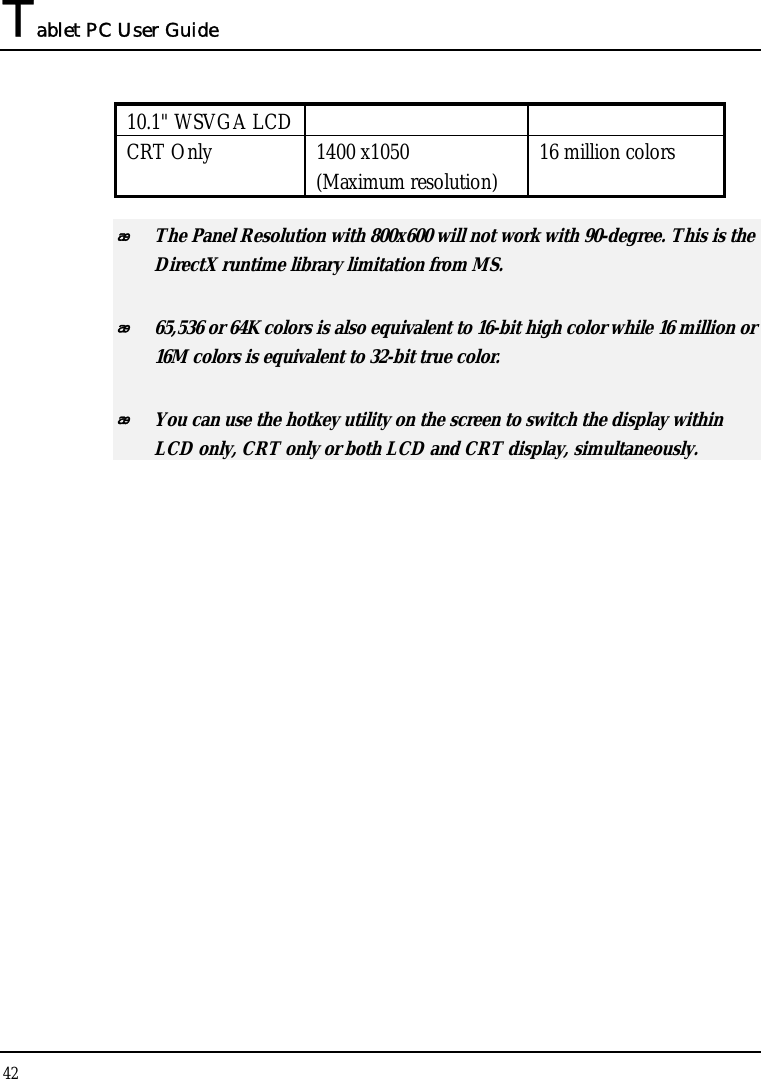 Tablet PC User Guide 42  10.1&quot; WSVGA LCD  CRT Only  1400 x1050  (Maximum resolution)  16 million colors  The Panel Resolution with 800x600 will not work with 90-degree. This is the DirectX runtime library limitation from MS.  65,536 or 64K colors is also equivalent to 16-bit high color while 16 million or 16M colors is equivalent to 32-bit true color.  You can use the hotkey utility on the screen to switch the display within LCD only, CRT only or both LCD and CRT display, simultaneously. 