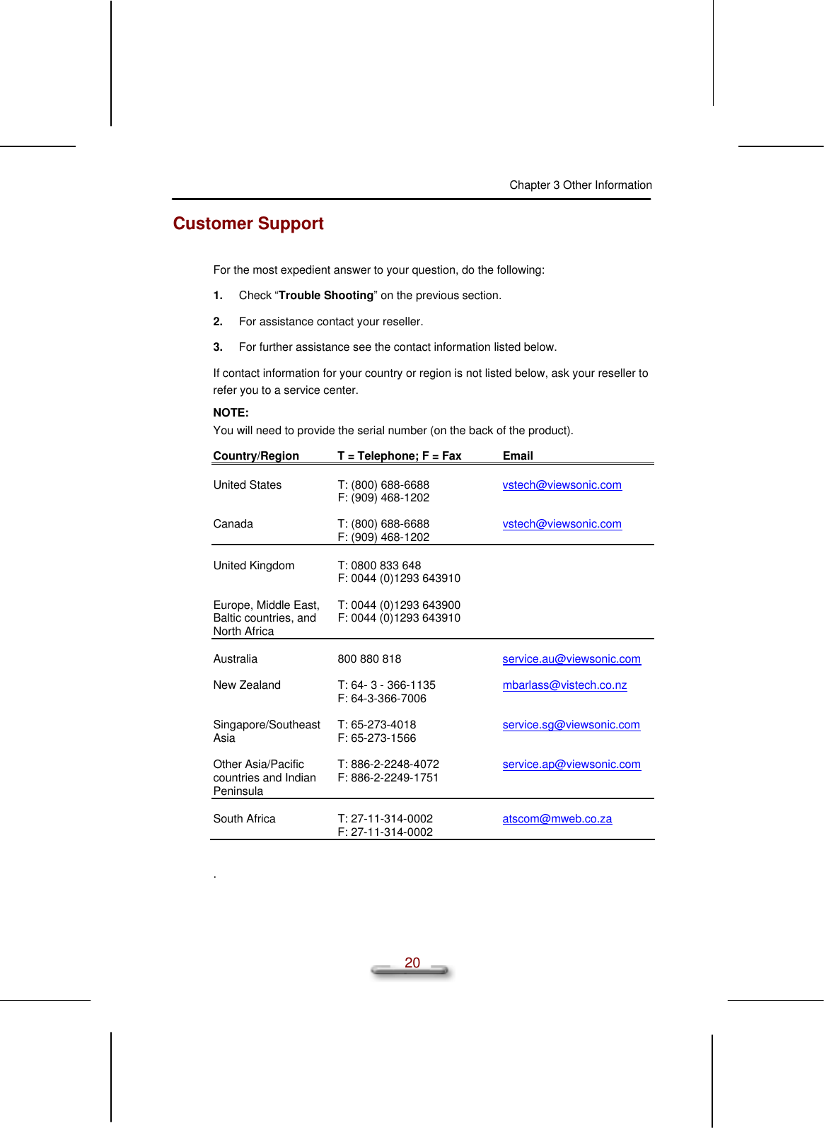 Chapter 3 Other Information  20 Customer Support For the most expedient answer to your question, do the following: 1. Check “Trouble Shooting” on the previous section. 2. For assistance contact your reseller. 3. For further assistance see the contact information listed below. If contact information for your country or region is not listed below, ask your reseller to refer you to a service center. NOTE: You will need to provide the serial number (on the back of the product). Country/Region T = Telephone; F = Fax Email      United States   Canada T: (800) 688-6688 F: (909) 468-1202  T: (800) 688-6688 F: (909) 468-1202 vstech@viewsonic.com   vstech@viewsonic.com       United Kingdom   Europe, Middle East, Baltic countries, and North Africa T: 0800 833 648 F: 0044 (0)1293 643910  T: 0044 (0)1293 643900 F: 0044 (0)1293 643910       Australia  New Zealand   Singapore/Southeast Asia  Other Asia/Pacific countries and Indian Peninsula 800 880 818  T: 64- 3 - 366-1135 F: 64-3-366-7006  T: 65-273-4018 F: 65-273-1566  T: 886-2-2248-4072 F: 886-2-2249-1751 service.au@viewsonic.com  mbarlass@vistech.co.nz   service.sg@viewsonic.com   service.ap@viewsonic.com       South Africa T: 27-11-314-0002 F: 27-11-314-0002 atscom@mweb.co.za   . 