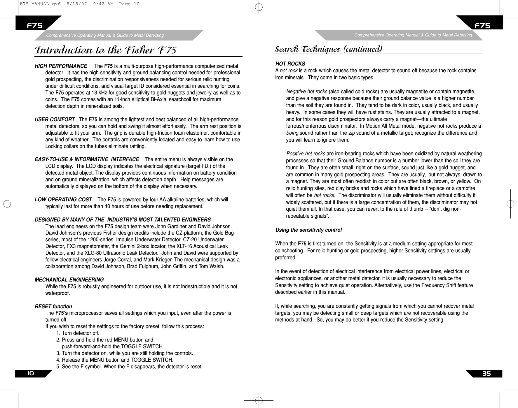 Page 10 of First Texas F75MD Hobby Metal Detector User Manual Layout 1