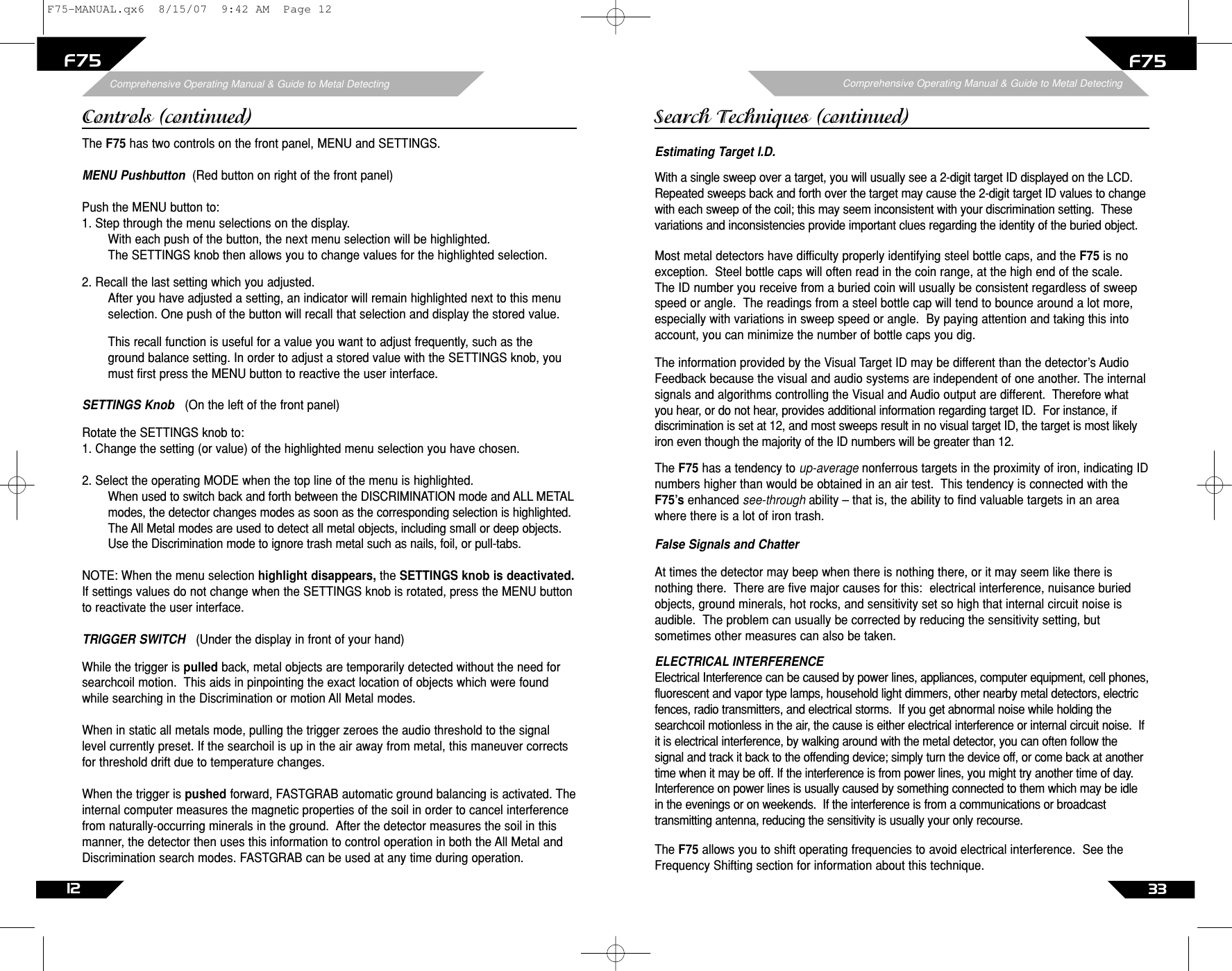 Page 12 of First Texas F75MD Hobby Metal Detector User Manual Layout 1