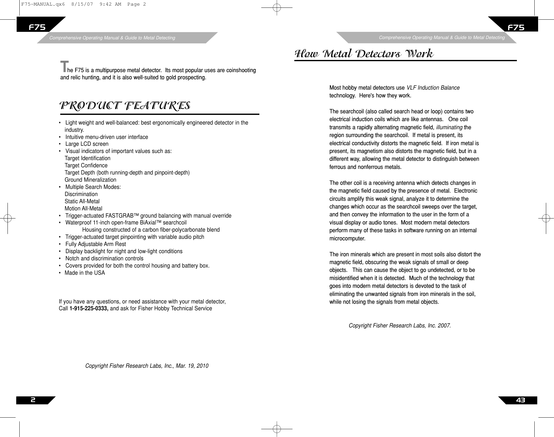 Page 2 of First Texas F75MD Hobby Metal Detector User Manual Layout 1