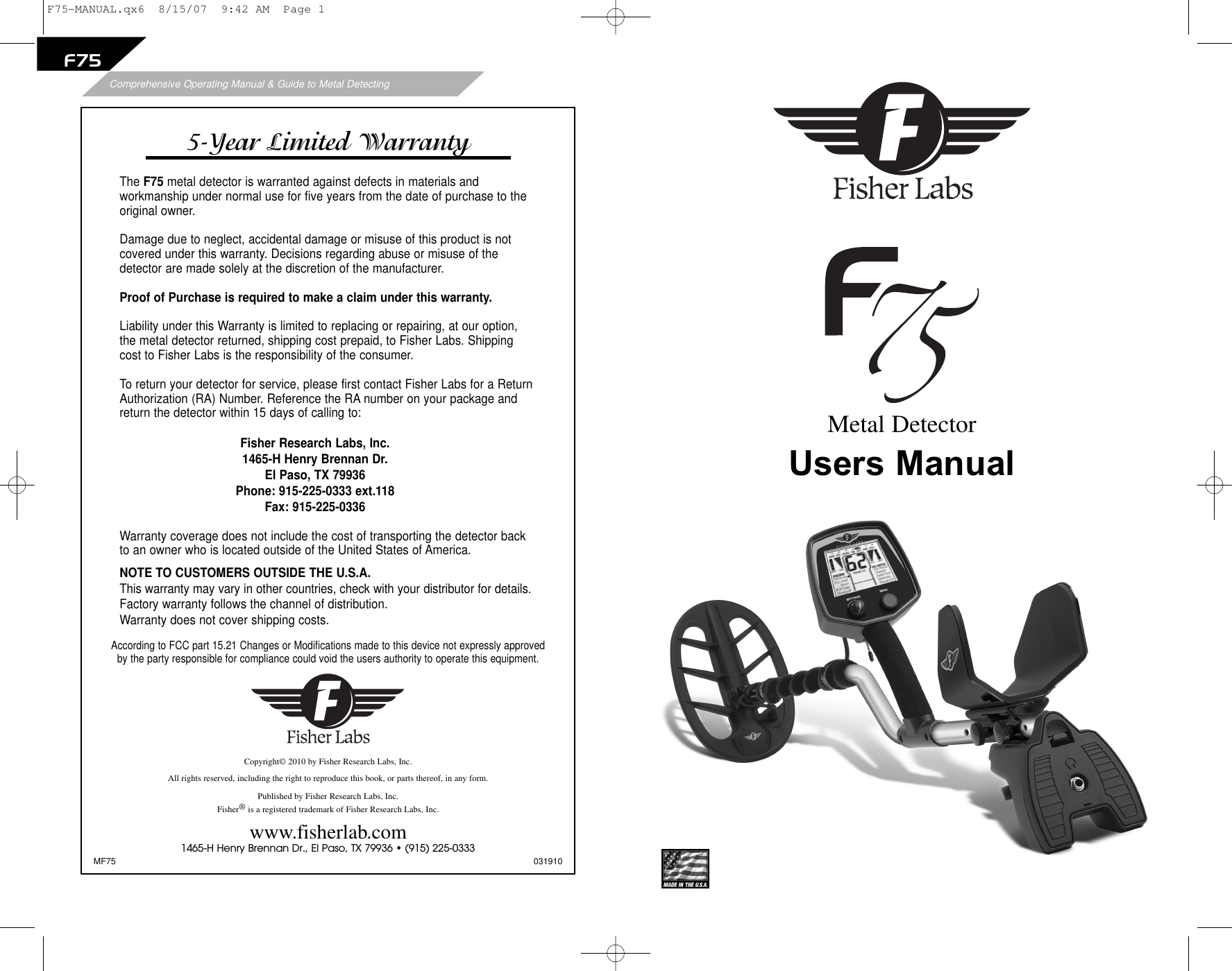 Page 44 of First Texas F75MD Hobby Metal Detector User Manual Layout 1