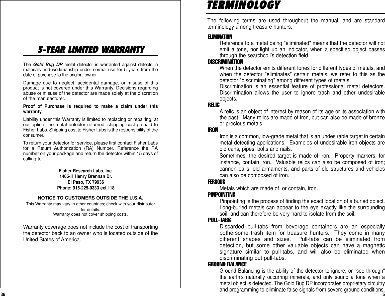 Page 5 of First Texas GB Metal Detector- Goldbug User Manual BHplatinumMANUAL printer 