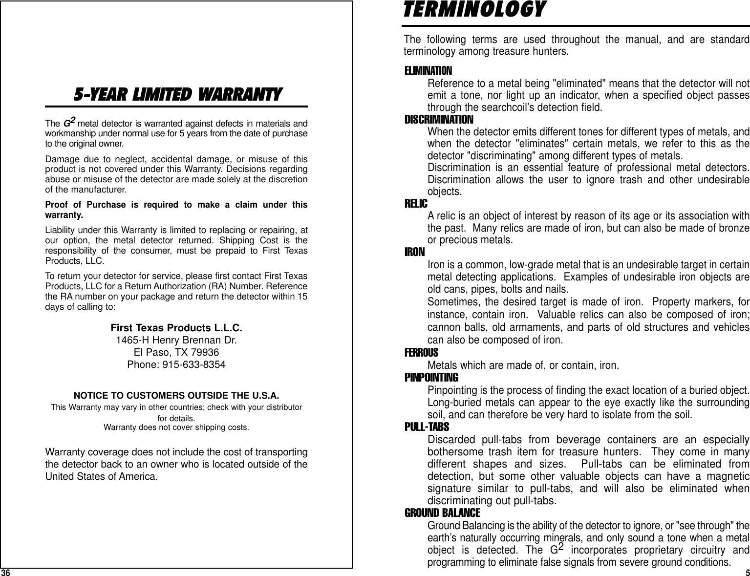 Page 5 of First Texas GB Metal Detector- Goldbug User Manual BHplatinumMANUAL printer 