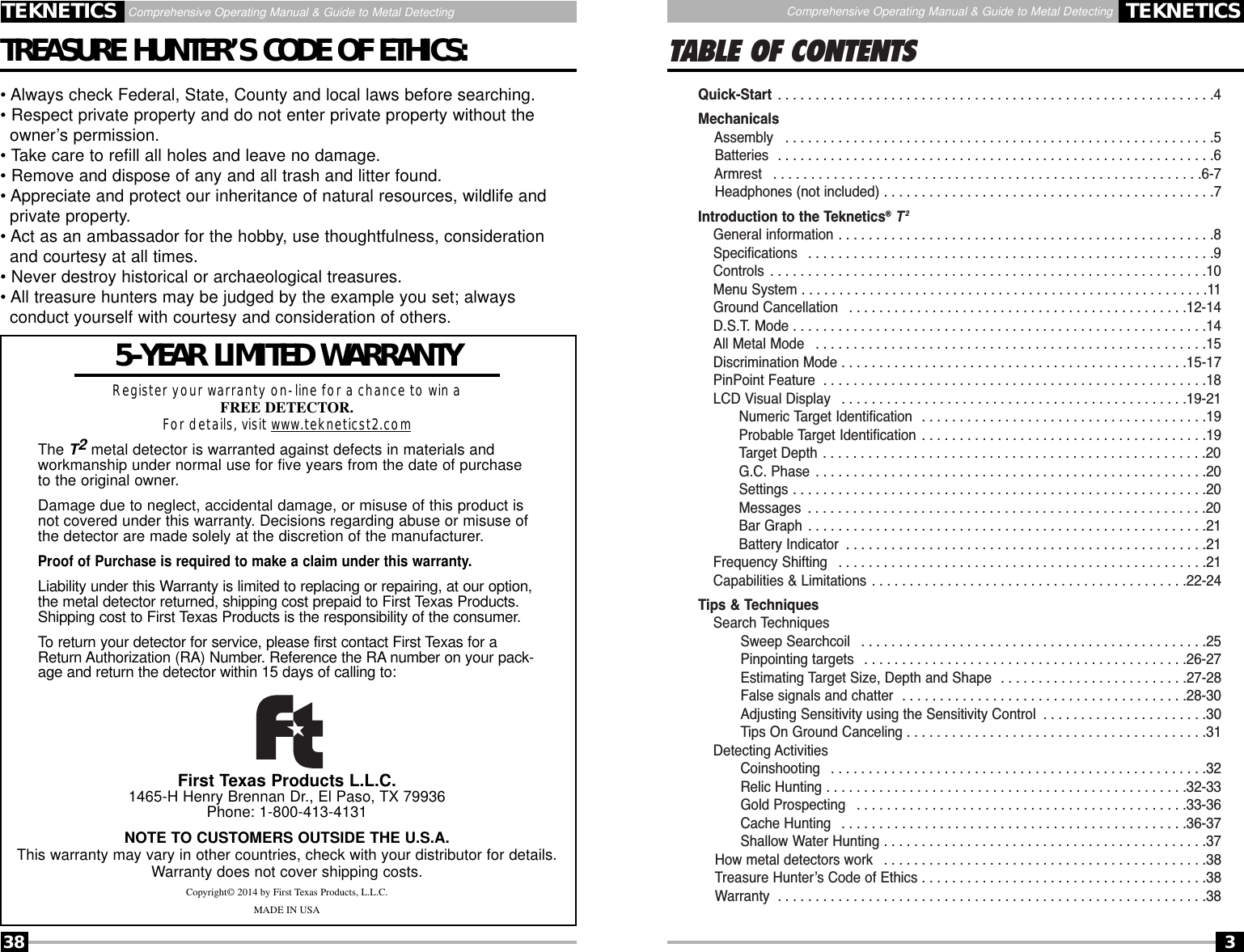 Page 3 of First Texas T2MD Professional Metal Detector User Manual Layout 1