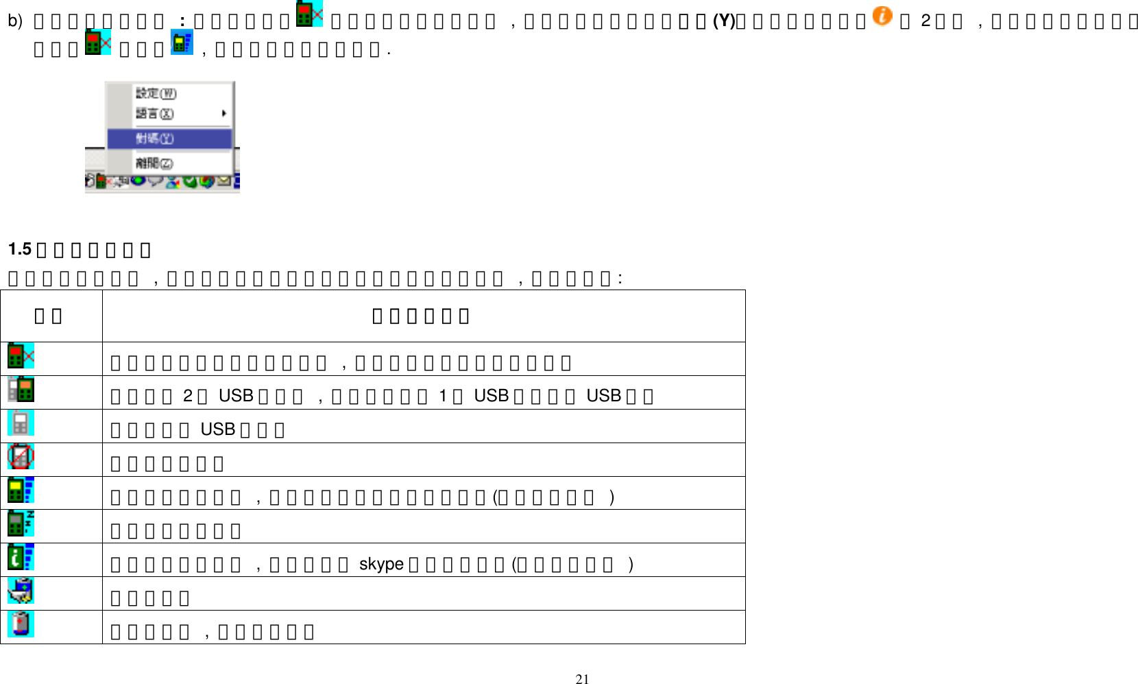 b)  重新連線方法如下 : 請將滑鼠移至  並按滑鼠右鍵出現下圖 , 此時用滑鼠左鍵點選對碼(Y)同時並按住話機的  約2秒鐘 , 直到電腦螢幕下方工具列的  改變為  , 即表示話機已連線成功.        1.5 電腦小圖標意義 當您在使用話機時 , 在電腦螢幕下方工具列的圖標會有不同的改變 , 其意義如下: 圖標 話機狀態指示  表示您並未開機或未連線成功 , 請確認是否已開機或重新連線  電腦找到 2個USB 接收器 , 請確認只能插 1個USB 接收器於 USB 埠上  電腦找不到 USB 接收器  驅動程式未安裝    話機正常使用當中 , 並處於控制系統定義的狀態下(狀態操作詳四 )   話機處於待機狀態  話機正常使用當中 , 並處於控制 skype 軟體的狀態下(狀態操作詳三 )  電池充電中  電池弱電中 , 請將電池充電  21  