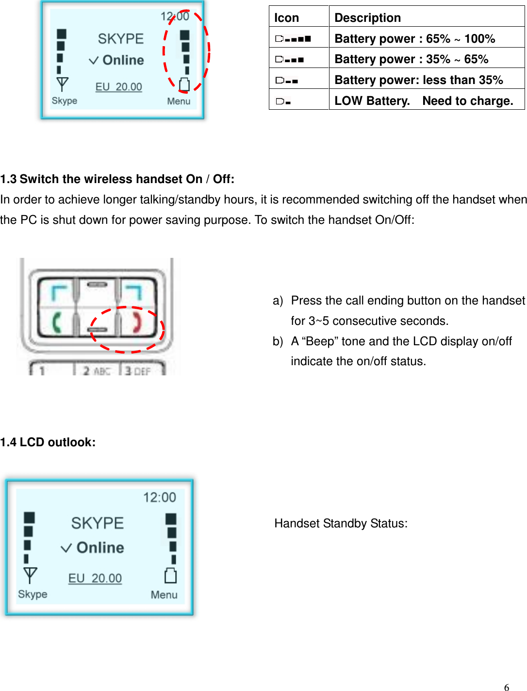  6               Icon  Description   Battery power : 65% ~ 100%   Battery power : 35% ~ 65%   Battery power: less than 35%   LOW Battery.    Need to charge.   1.3 Switch the wireless handset On / Off: In order to achieve longer talking/standby hours, it is recommended switching off the handset when the PC is shut down for power saving purpose. To switch the handset On/Off:              a)  Press the call ending button on the handset for 3~5 consecutive seconds. b)  A &ldquo;Beep&rdquo; tone and the LCD display on/off indicate the on/off status.   1.4 LCD outlook:        Handset Standby Status:          