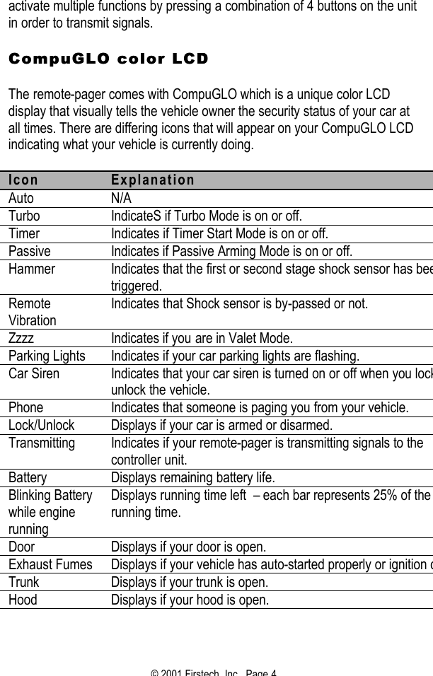 © 2001 Firstech, Inc.  Page 4  activate multiple functions by pressing a combination of 4 buttons on the unit in order to transmit signals.   CompuGLO color LCDCompuGLO color LCD   The remote-pager comes with CompuGLO which is a unique color LCD display that visually tells the vehicle owner the security status of your car at all times. There are differing icons that will appear on your CompuGLO LCD indicating what your vehicle is currently doing.   Icon Explanation Auto N/A Turbo IndicateS if Turbo Mode is on or off.   Timer Indicates if Timer Start Mode is on or off.   Passive  Indicates if Passive Arming Mode is on or off.  Hammer Indicates that the first or second stage shock sensor has been triggered.  Remote Vibration Indicates that Shock sensor is by-passed or not. Zzzz Indicates if you are in Valet Mode.  Parking Lights Indicates if your car parking lights are flashing. Car Siren Indicates that your car siren is turned on or off when you lock or unlock the vehicle. Phone Indicates that someone is paging you from your vehicle. Lock/Unlock Displays if your car is armed or disarmed. Transmitting Indicates if your remote-pager is transmitting signals to the controller unit. Battery Displays remaining battery life. Blinking Battery while engine running Displays running time left  – each bar represents 25% of the running time.  Door Displays if your door is open. Exhaust Fumes Displays if your vehicle has auto-started properly or ignition on.Trunk Displays if your trunk is open. Hood Displays if your hood is open.      