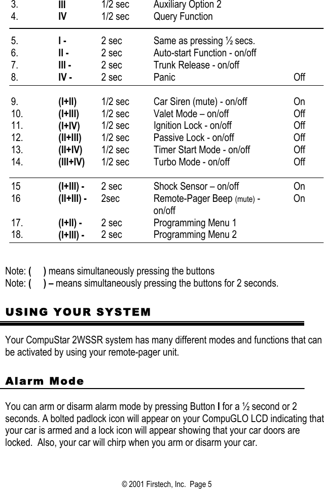 3.  III  1/2 sec  Auxiliary Option 2   4.  IV  1/2 sec  Query Function           5.  I -   2 sec  Same as pressing ½ secs.    6.  II -   2 sec  Auto-start Function - on/off   7.  III -  2 sec  Trunk Release - on/off   8.  IV -  2 sec  Panic  Off        9.  (I+II)   1/2 sec  Car Siren (mute) - on/off  On 10.  (I+III)  1/2 sec  Valet Mode – on/off  Off 11.  (I+IV)  1/2 sec  Ignition Lock - on/off  Off 12.  (II+III)  1/2 sec  Passive Lock - on/off  Off 13.  (II+IV)  1/2 sec  Timer Start Mode - on/off  Off 14.  (III+IV)  1/2 sec  Turbo Mode - on/off  Off        15  (I+III) -  2 sec  Shock Sensor – on/off   On 16  (II+III) -  2sec Remote-Pager Beep (mute) - on/off On 17.  (I+II) -  2 sec  Programming Menu 1   18.  (I+III) -  2 sec  Programming Menu 2     Note: (     ) means simultaneously pressing the buttons Note: (     ) – means simultaneously pressing the buttons for 2 seconds.         USING YOUR SYSTEM  Your CompuStar 2WSSR system has many different modes and functions that can be activated by using your remote-pager unit.  Alarm Mode  You can arm or disarm alarm mode by pressing Button I for a ½ second or 2 seconds. A bolted padlock icon will appear on your CompuGLO LCD indicating that your car is armed and a lock icon will appear showing that your car doors are locked.  Also, your car will chirp when you arm or disarm your car.    © 2001 Firstech, Inc.  Page 5  