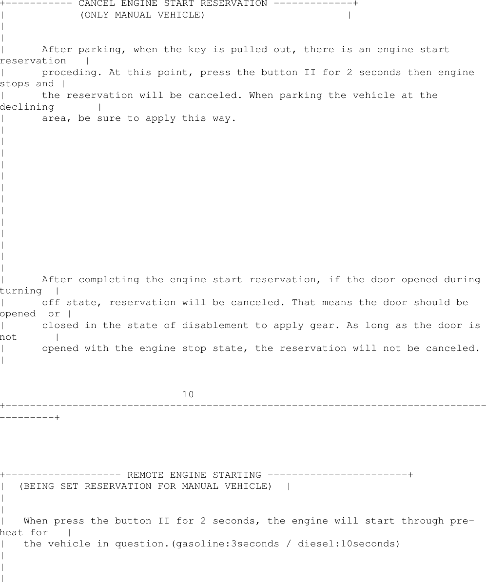 +----------- CANCEL ENGINE START RESERVATION -------------+| (ONLY MANUAL VEHICLE) |||| After parking, when the key is pulled out, there is an engine startreservation || proceding. At this point, press the button II for 2 seconds then enginestops and || the reservation will be canceled. When parking the vehicle at thedeclining || area, be sure to apply this way.|||||||||||||| After completing the engine start reservation, if the door opened duringturning || off state, reservation will be canceled. That means the door should beopened or || closed in the state of disablement to apply gear. As long as the door isnot || opened with the engine stop state, the reservation will not be canceled.|10+----------------------------------------------------------------------------------------++------------------- REMOTE ENGINE STARTING -----------------------+| (BEING SET RESERVATION FOR MANUAL VEHICLE) |||| When press the button II for 2 seconds, the engine will start through pre-heat for || the vehicle in question.(gasoline:3seconds / diesel:10seconds)|||