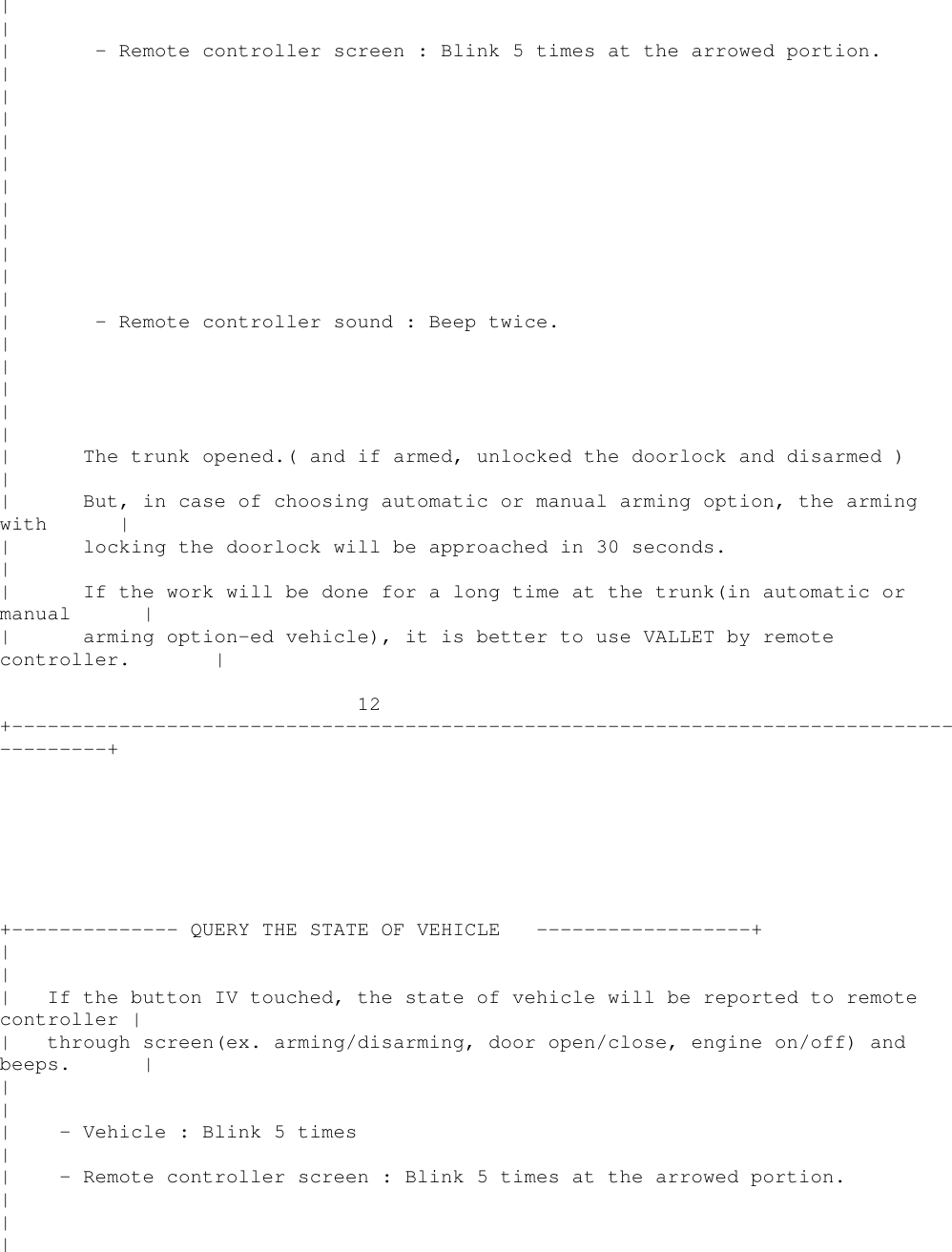 ||| - Remote controller screen : Blink 5 times at the arrowed portion.|||||||||||| - Remote controller sound : Beep twice.|||||| The trunk opened.( and if armed, unlocked the doorlock and disarmed )|| But, in case of choosing automatic or manual arming option, the armingwith || locking the doorlock will be approached in 30 seconds.|| If the work will be done for a long time at the trunk(in automatic ormanual || arming option-ed vehicle), it is better to use VALLET by remotecontroller. |12+----------------------------------------------------------------------------------------++-------------- QUERY THE STATE OF VEHICLE ------------------+||| If the button IV touched, the state of vehicle will be reported to remotecontroller || through screen(ex. arming/disarming, door open/close, engine on/off) andbeeps. |||| - Vehicle : Blink 5 times|| - Remote controller screen : Blink 5 times at the arrowed portion.|||
