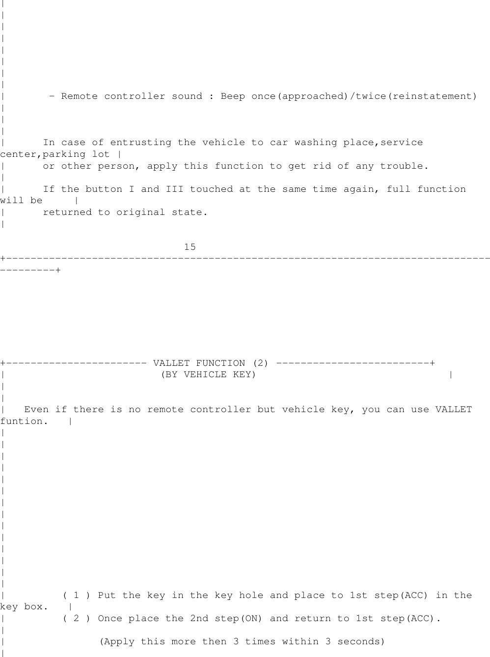 ||||||||| - Remote controller sound : Beep once(approached)/twice(reinstatement)|||| In case of entrusting the vehicle to car washing place,servicecenter,parking lot || or other person, apply this function to get rid of any trouble.|| If the button I and III touched at the same time again, full functionwill be || returned to original state.|15+----------------------------------------------------------------------------------------++----------------------- VALLET FUNCTION (2) -------------------------+| (BY VEHICLE KEY) |||| Even if there is no remote controller but vehicle key, you can use VALLETfuntion. |||||||||||||||| ( 1 ) Put the key in the key hole and place to 1st step(ACC) in thekey box. || ( 2 ) Once place the 2nd step(ON) and return to 1st step(ACC).|| (Apply this more then 3 times within 3 seconds)|