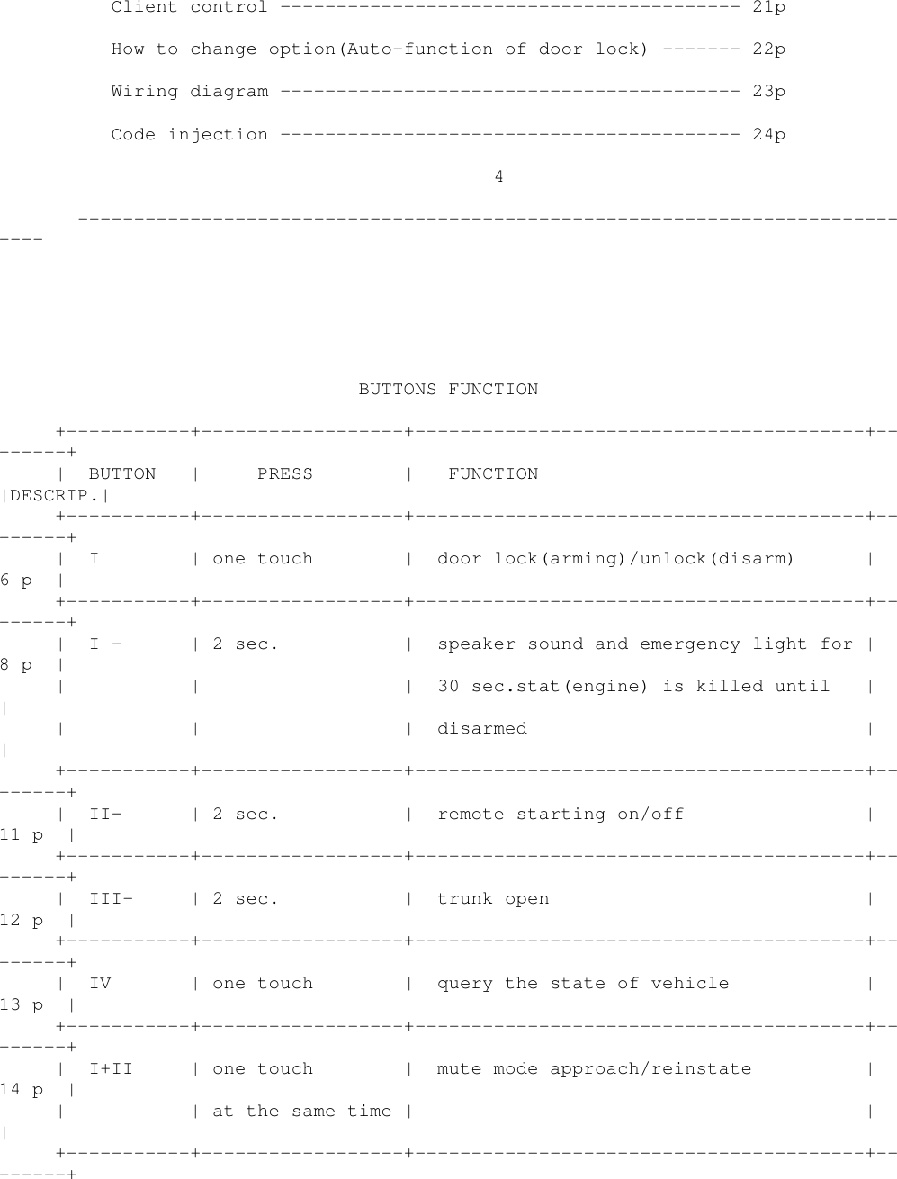 Client control ----------------------------------------- 21pHow to change option(Auto-function of door lock) ------- 22pWiring diagram ----------------------------------------- 23pCode injection ----------------------------------------- 24p4-----------------------------------------------------------------------------BUTTONS FUNCTION+-----------+------------------+----------------------------------------+--------+| BUTTON | PRESS | FUNCTION|DESCRIP.|+-----------+------------------+----------------------------------------+--------+| I | one touch | door lock(arming)/unlock(disarm) |6p |+-----------+------------------+----------------------------------------+--------+| I - | 2 sec. | speaker sound and emergency light for |8p || | | 30 sec.stat(engine) is killed until ||| | | disarmed ||+-----------+------------------+----------------------------------------+--------+| II- | 2 sec. | remote starting on/off |11 p |+-----------+------------------+----------------------------------------+--------+| III- | 2 sec. | trunk open |12 p |+-----------+------------------+----------------------------------------+--------+| IV | one touch | query the state of vehicle |13 p |+-----------+------------------+----------------------------------------+--------+| I+II | one touch | mute mode approach/reinstate |14 p || | at the same time | ||+-----------+------------------+----------------------------------------+--------+