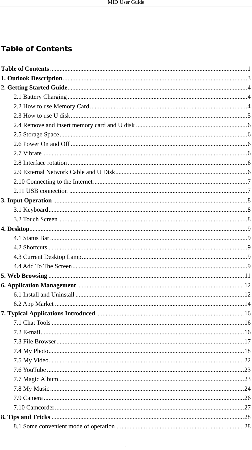 MID User Guide  1Table of Contents Table of Contents............................................................................................................................1 1. Outlook Description....................................................................................................................3 2. Getting Started Guide.................................................................................................................4 2.1 Battery Charging.................................................................................................................4 2.2 How to use Memory Card...................................................................................................4 2.3 How to use U disk...............................................................................................................5 2.4 Remove and insert memory card and U disk ......................................................................6 2.5 Storage Space......................................................................................................................6 2.6 Power On and Off ...............................................................................................................6 2.7 Vibrate.................................................................................................................................6 2.8 Interface rotation.................................................................................................................6 2.9 External Network Cable and U Disk...................................................................................6 2.10 Connecting to the Internet.................................................................................................7 2.11 USB connection ................................................................................................................7 3. Input Operation ..........................................................................................................................8 3.1 Keyboard.............................................................................................................................8 3.2 Touch Screen.......................................................................................................................8 4. Desktop.........................................................................................................................................9 4.1 Status Bar............................................................................................................................9 4.2 Shortcuts .............................................................................................................................9 4.3 Current Desktop Lamp........................................................................................................9 4.4 Add To The Screen..............................................................................................................9 5. Web Browsing ...........................................................................................................................11 6. Application Management .........................................................................................................12 6.1 Install and Uninstall ..........................................................................................................12 6.2 App Market .......................................................................................................................14 7. Typical Applications Introduced.............................................................................................16 7.1 Chat Tools .........................................................................................................................16 7.2 E-mail................................................................................................................................16 7.3 File Browser......................................................................................................................17 7.4 My Photo...........................................................................................................................18 7.5 My Video...........................................................................................................................22 7.6 YouTube ............................................................................................................................23 7.7 Magic Album.....................................................................................................................23 7.8 My Music..........................................................................................................................24 7.9 Camera..............................................................................................................................26 7.10 Camcorder.......................................................................................................................27 8. Tips and Tricks .........................................................................................................................28 8.1 Some convenient mode of operation.................................................................................28 