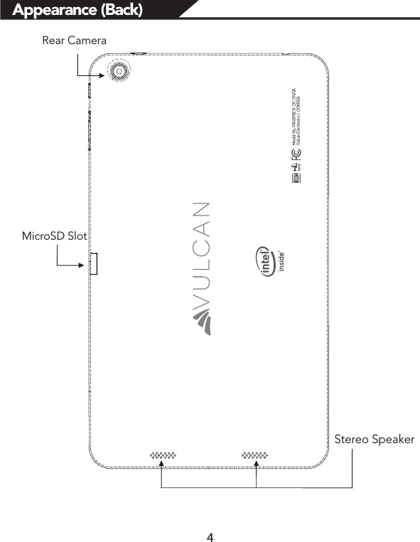 Appearance (Back)Rear CameraMicroSD SlotModel No. VTA0890E16  DC | 5V/2AVulcan Electronics  |  ΩOMEGAStereo Speaker4
