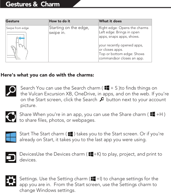 Gestures &amp;  CharmGesture How to do it What it does Swipe from edge  Starting on the edge, swipe in. Right edge: Opens the charmsLeft edge: Brings in open apps, snaps apps, shows. your recently opened apps, or closes apps. Top or bottom edge: Shows commandsor closes an app.     Here&apos;s what you can do with the charms:  Search You can use the Search charm (      + S )to finds things on the Vulcan Excursion XB, OneDrive, in apps, and on the web. If you’re on the Start screen, click the Search       button next to your account picture.  Share When you’re in an app, you can use the Share charm (      +H ) to share files, photos, or webpages. .  Start The Start charm (      ) takes you to the Start screen. Or if you&apos;re already on Start, it takes you to the last app you were using.  DevicesUse the Devices charm (     +K) to play, project, and print to devices.  Settings. Use the Setting charm (     +I) to change settings for the app you are in.  From the Start screen, use the Settings charm to change Windows settings. 