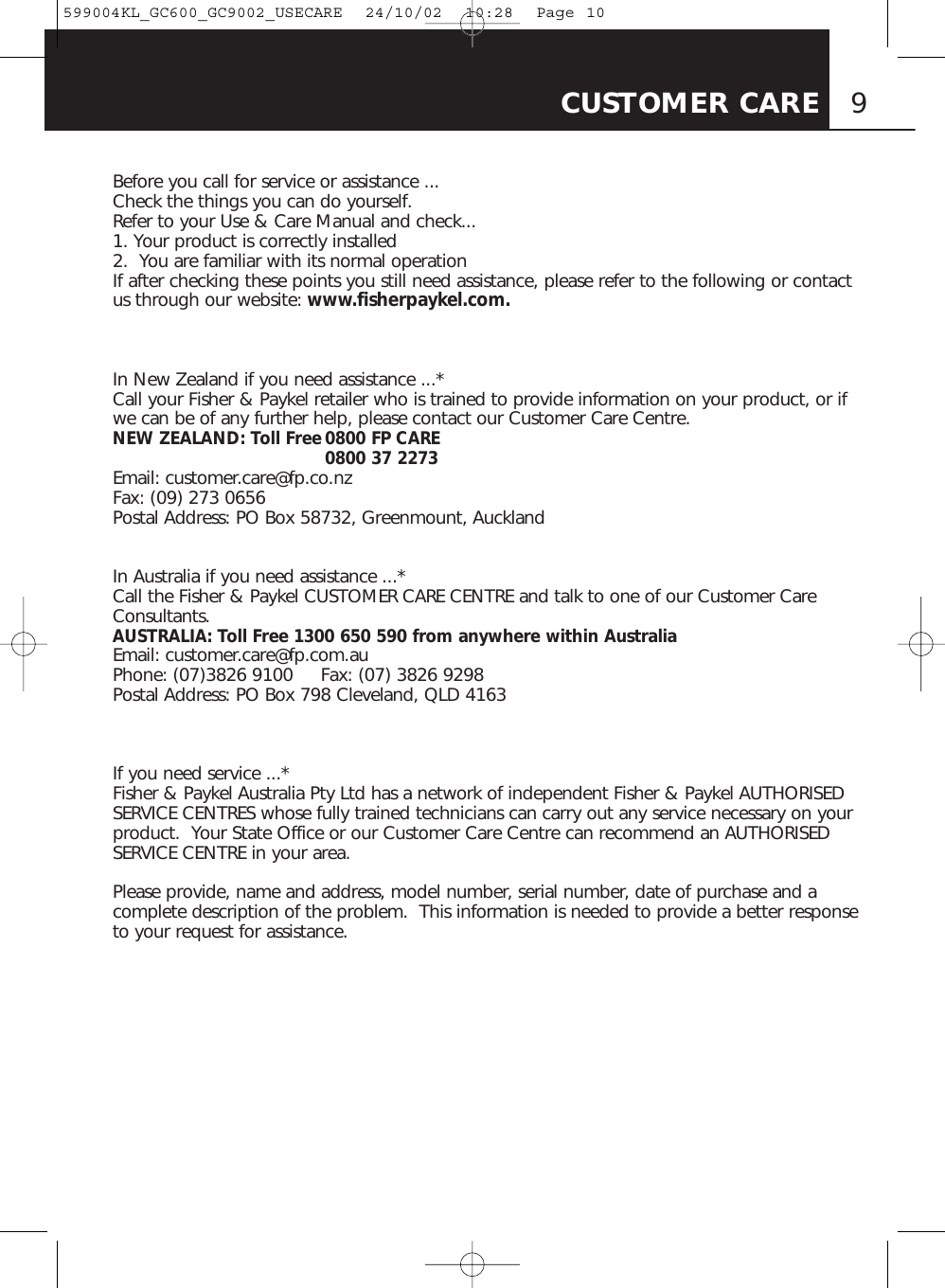 service repair manual Array - fisher and paykel cg602 users manual 599004kl  gc600