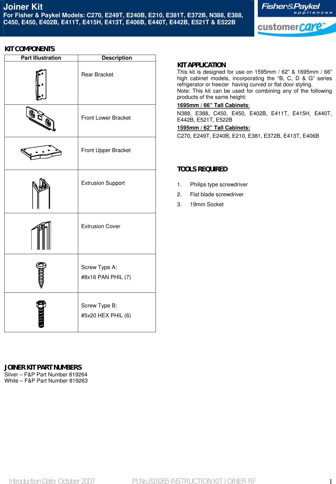 Page 1 of 7 - Fisher-And-Paykel Fisher-And-Paykel-Joiner-Kit-Silver-Installation-Guide- 819265 Instructn Sheet Joiner Kit  Fisher-and-paykel-joiner-kit-silver-installation-guide