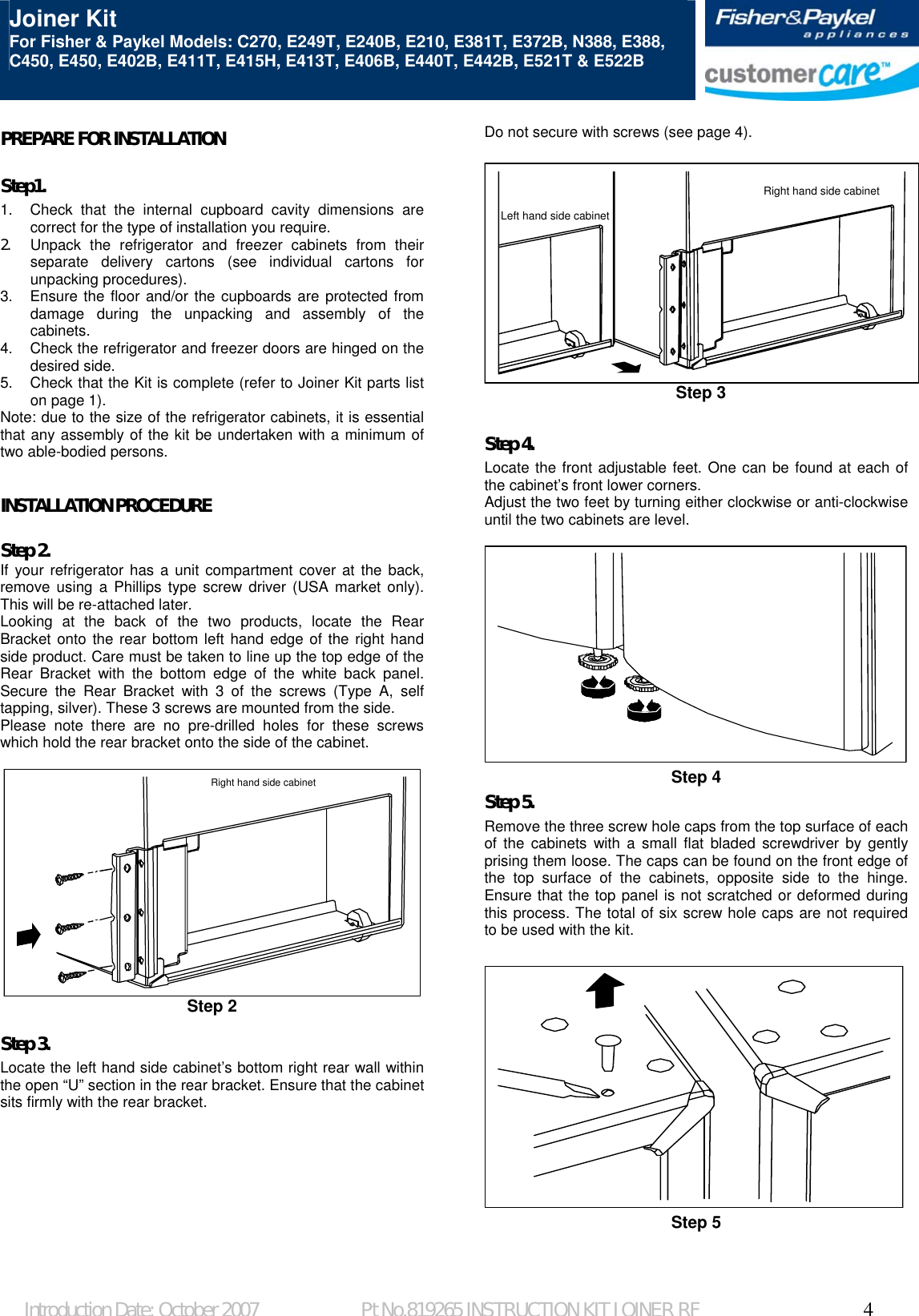 Page 4 of 7 - Fisher-And-Paykel Fisher-And-Paykel-Joiner-Kit-Silver-Installation-Guide- 819265 Instructn Sheet Joiner Kit  Fisher-and-paykel-joiner-kit-silver-installation-guide