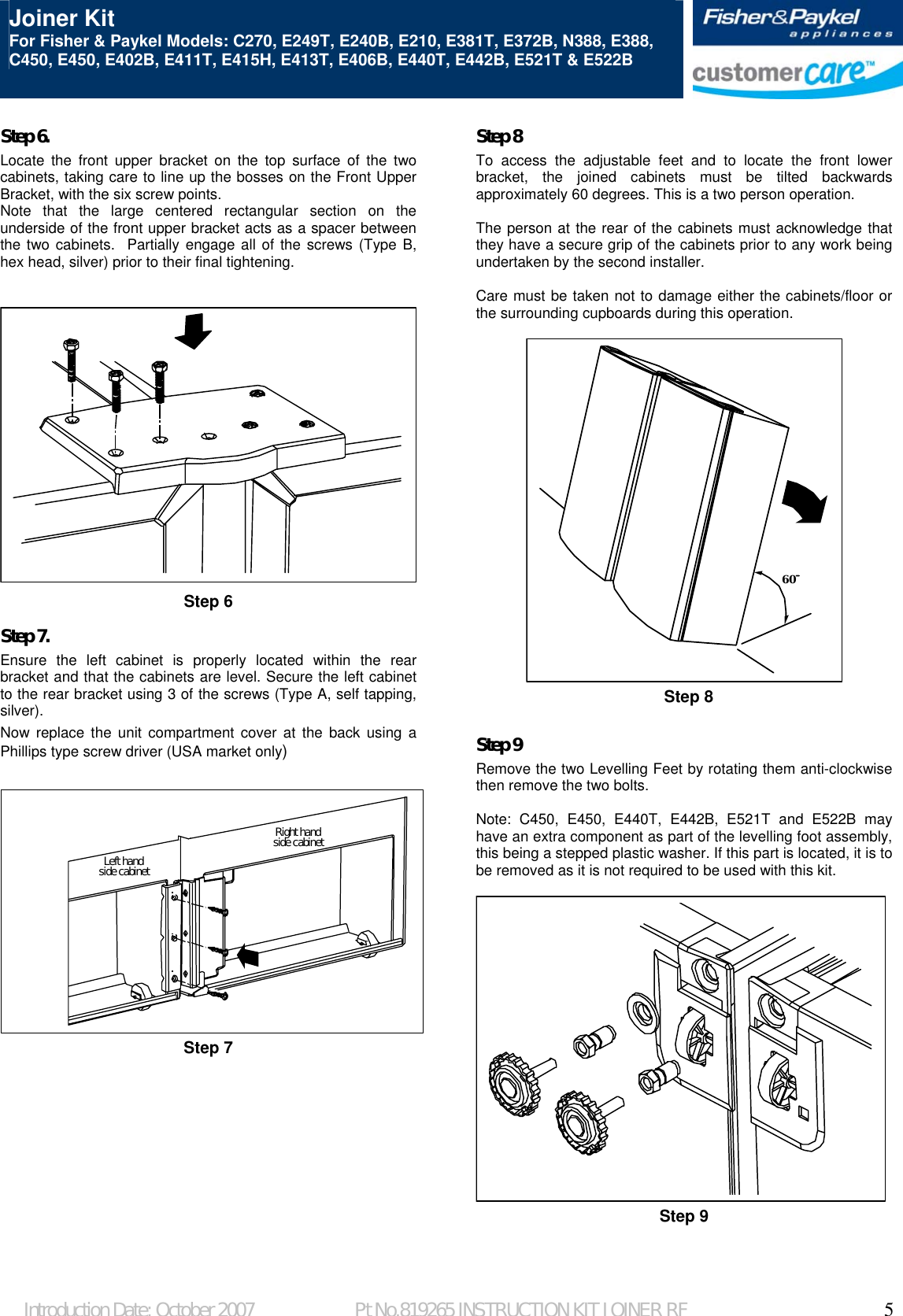 Page 5 of 7 - Fisher-And-Paykel Fisher-And-Paykel-Joiner-Kit-Silver-Installation-Guide- 819265 Instructn Sheet Joiner Kit  Fisher-and-paykel-joiner-kit-silver-installation-guide