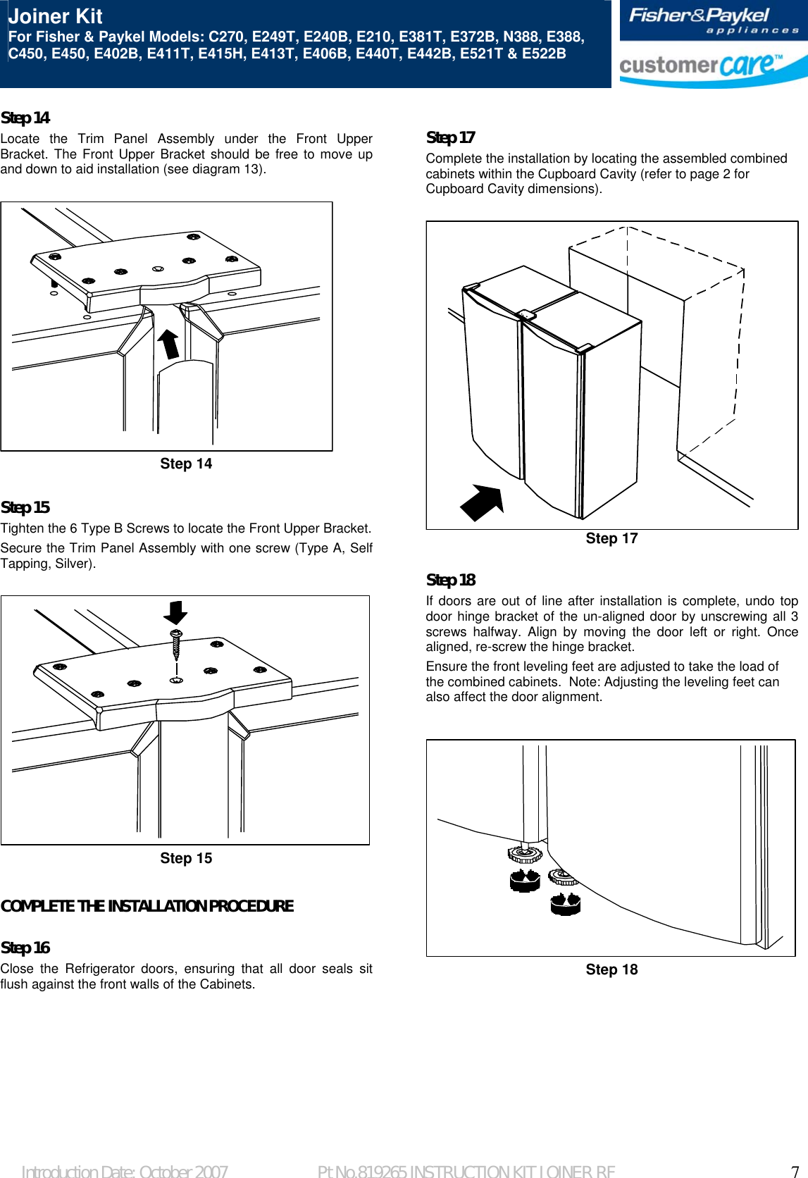 Page 7 of 7 - Fisher-And-Paykel Fisher-And-Paykel-Joiner-Kit-Silver-Installation-Guide- 819265 Instructn Sheet Joiner Kit  Fisher-and-paykel-joiner-kit-silver-installation-guide