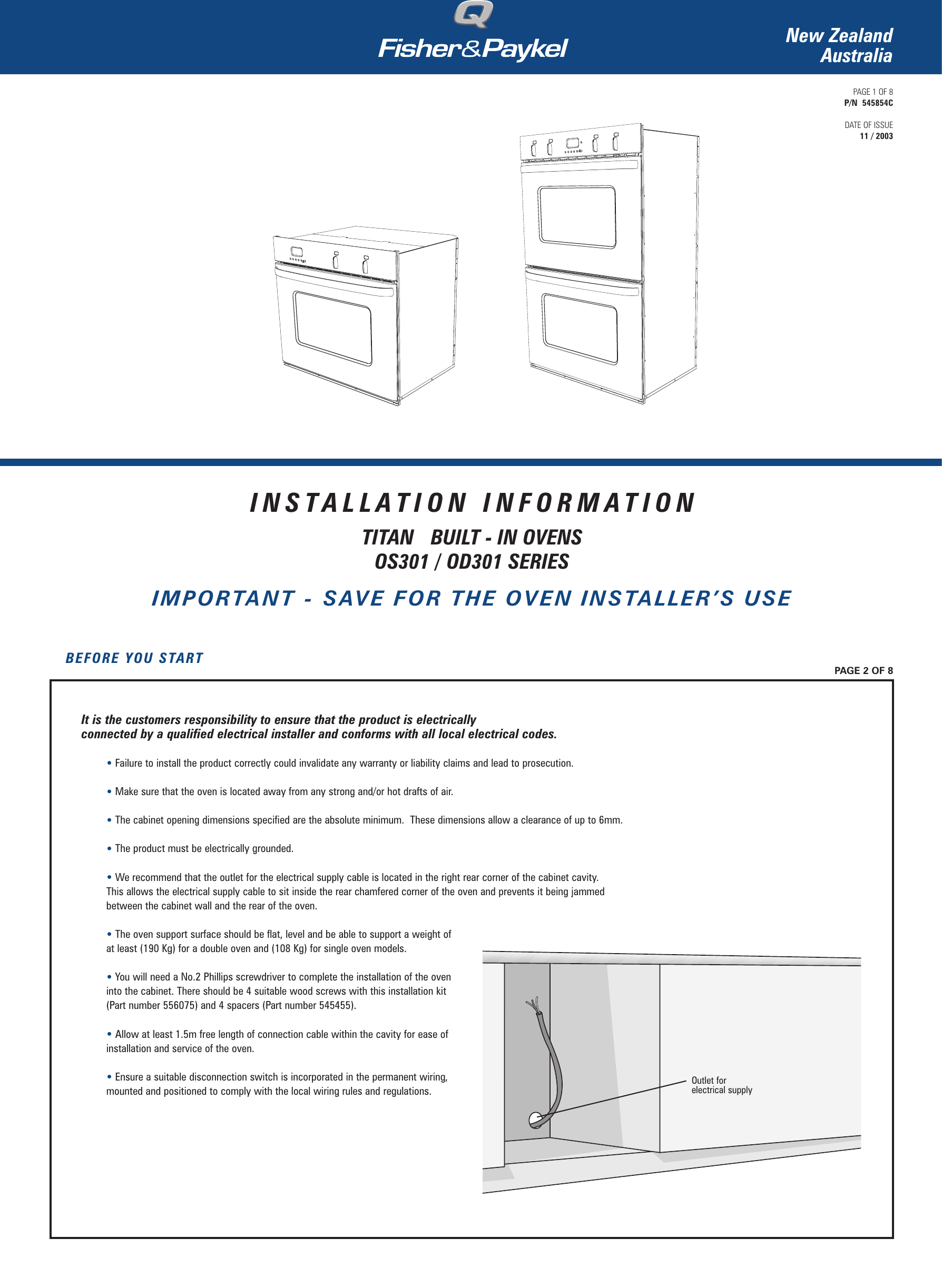 Page 1 of 8 - Fisher-And-Paykel Fisher-And-Paykel-Od301-Users-Manual- 545854C_Aerotech_INST_NZ  Fisher-and-paykel-od301-users-manual