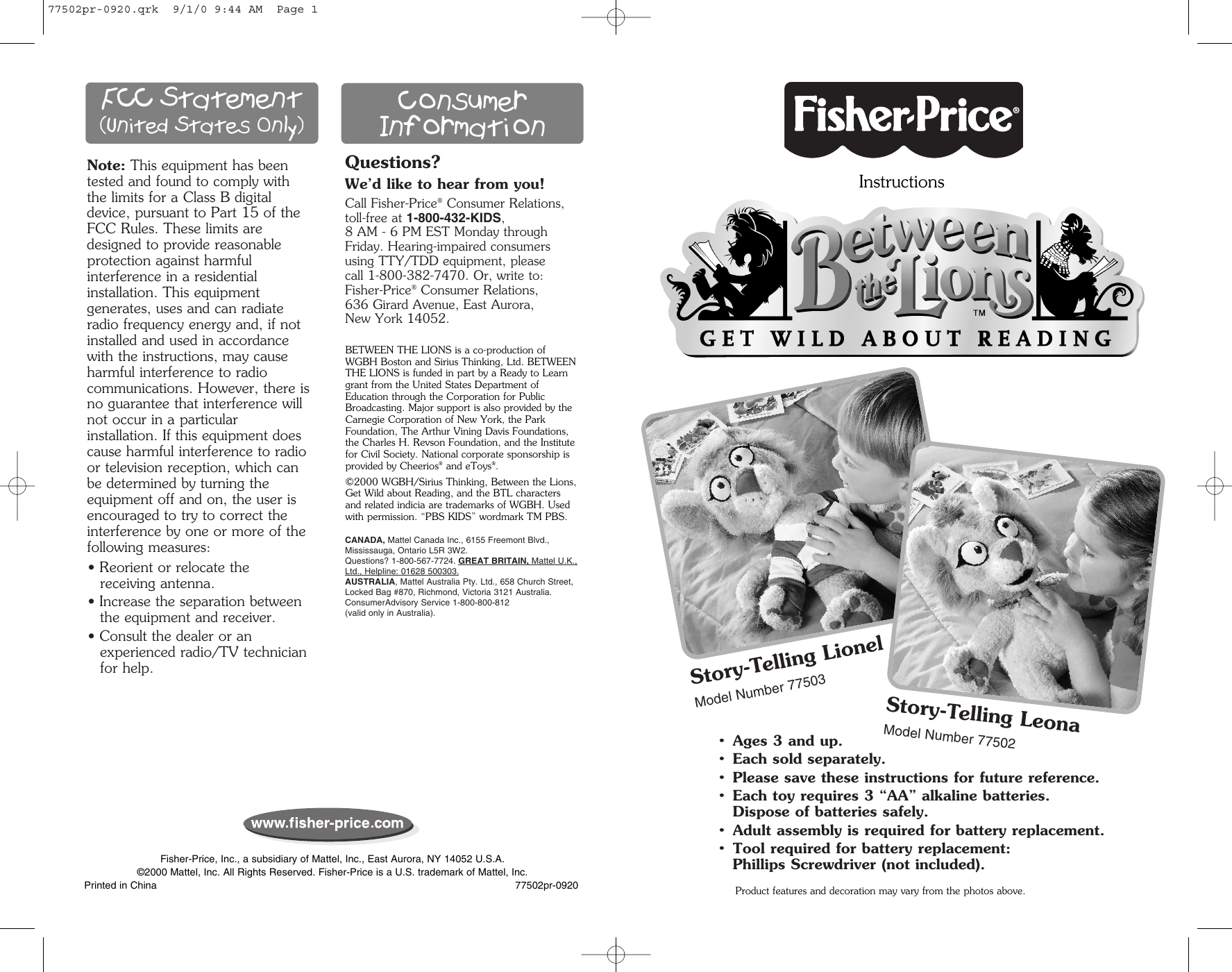 Fisher Price 77502 Instruction Sheet 77502pr 0920.qrk