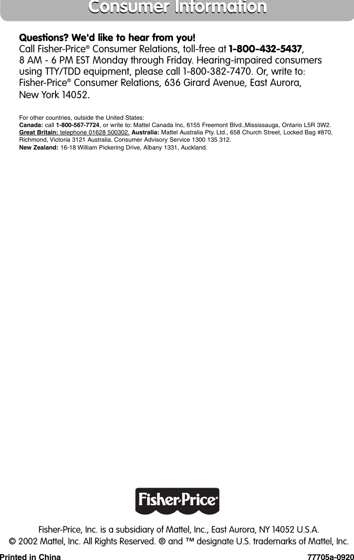 Page 6 of 6 - Fisher-Price Fisher-Price-77705-Instruction-Sheet-  Fisher-price-77705-instruction-sheet