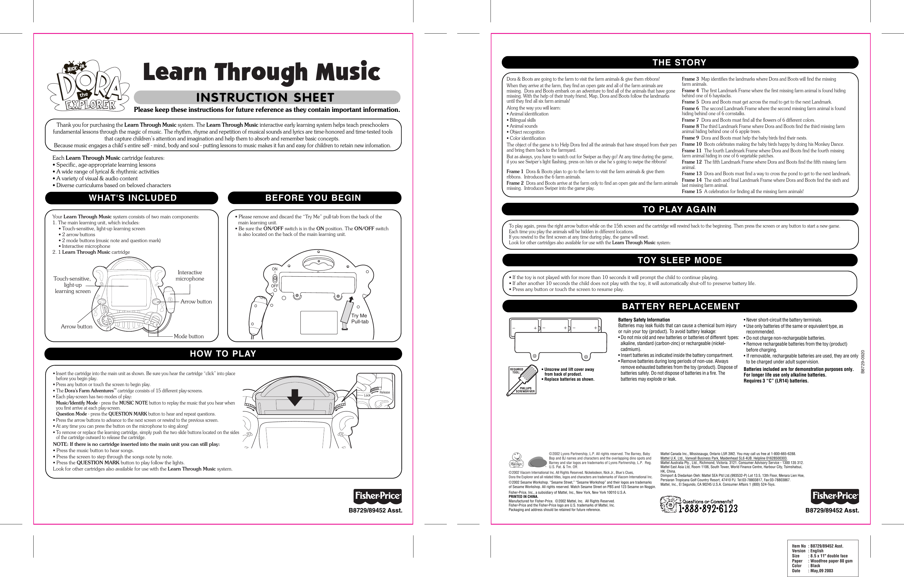 Page 1 of 2 - Fisher-Price Fisher-Price-B8729-Instruction-Sheet- B8730/89452 LTM-Blue Fisher-price-b8729-instruction-sheet