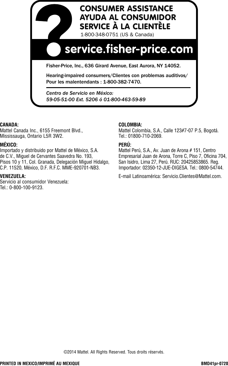 Fisher Price Bmd41 Instruction Sheet Bmd41pr 0720