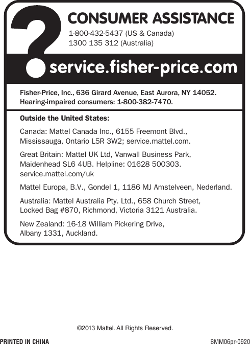 Page 2 of 2 - Fisher-Price Fisher-Price-Bmm06-Instruction-Sheet-  Fisher-price-bmm06-instruction-sheet