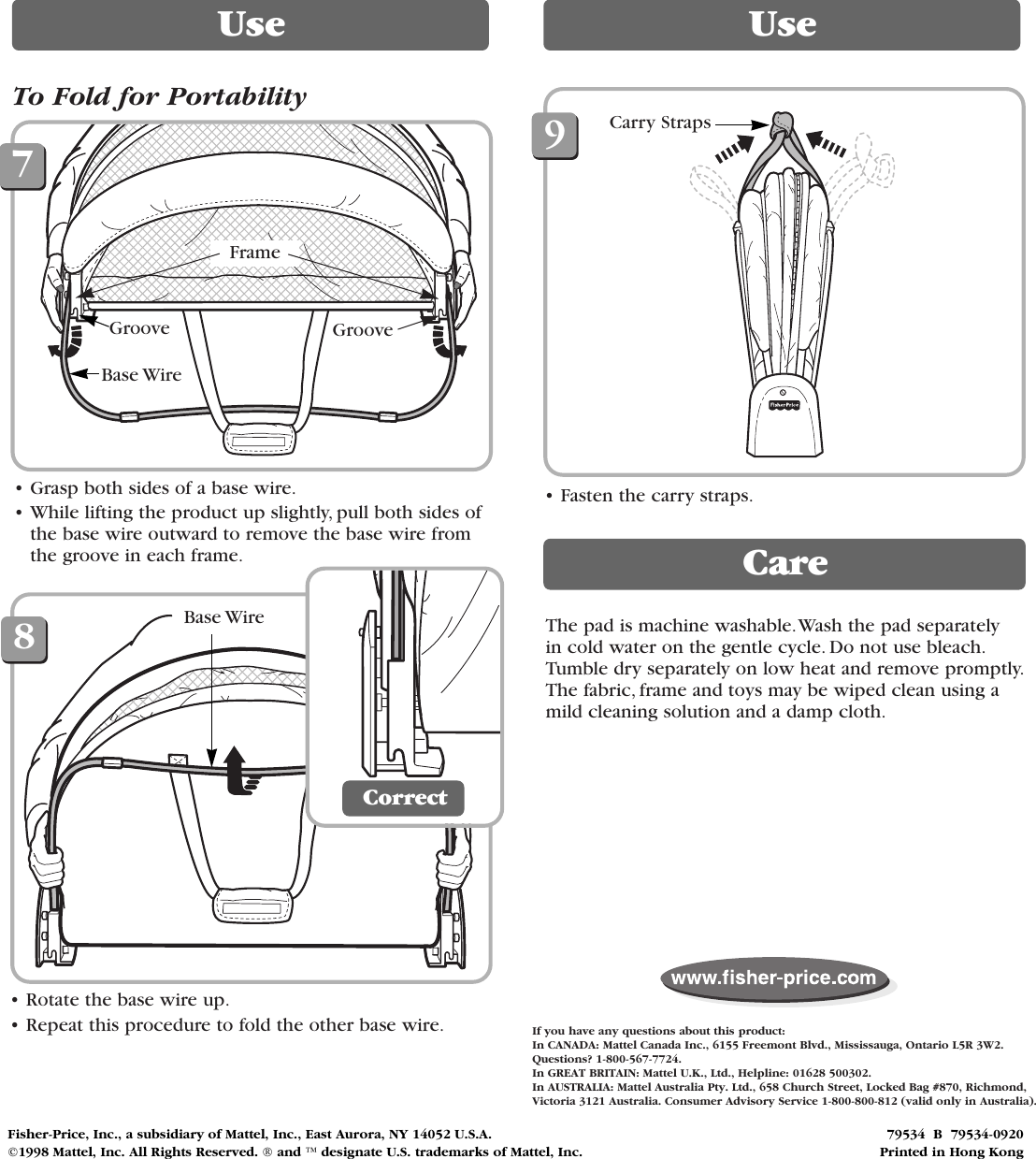 Page 8 of 8 - Fisher-Price Fisher-Price-Bounce-N-Play-Activity-Dome-79534-Users-Manual- 9534 US#B-0920  Fisher-price-bounce-n-play-activity-dome-79534-users-manual