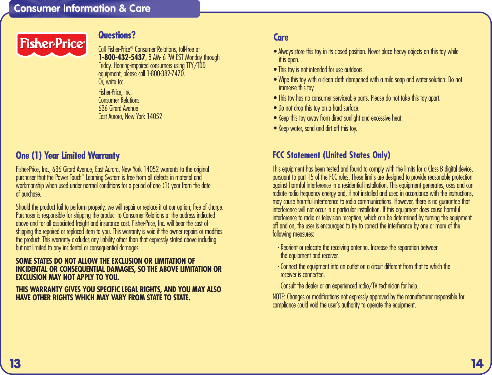 Page 8 of 8 - Fisher-Price Fisher-Price-C2228-Instruction-Sheet-  Fisher-price-c2228-instruction-sheet