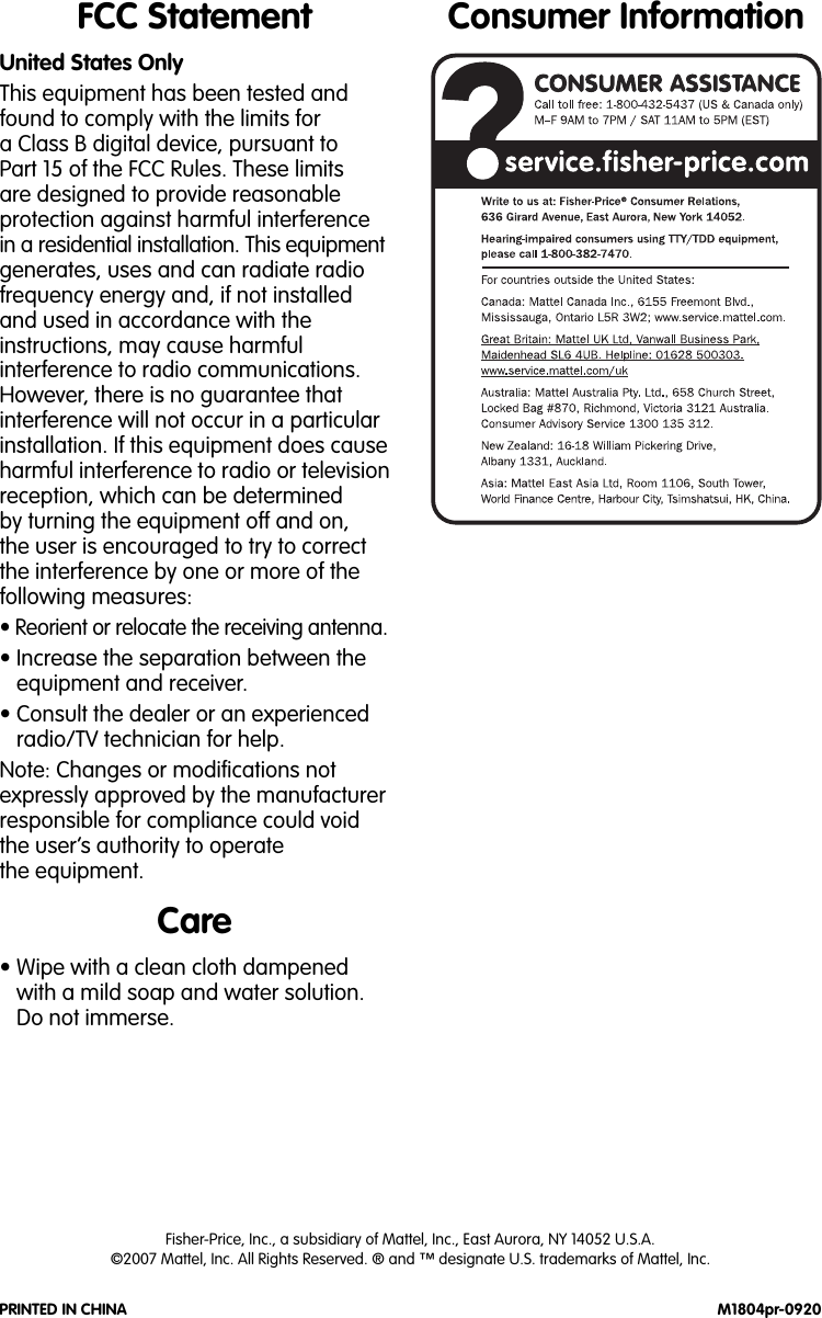 Page 4 of 4 - Fisher-Price Fisher-Price-Car-Nivores-M1804-Users-Manual- M1804pr-0920  Fisher-price-car-nivores-m1804-users-manual