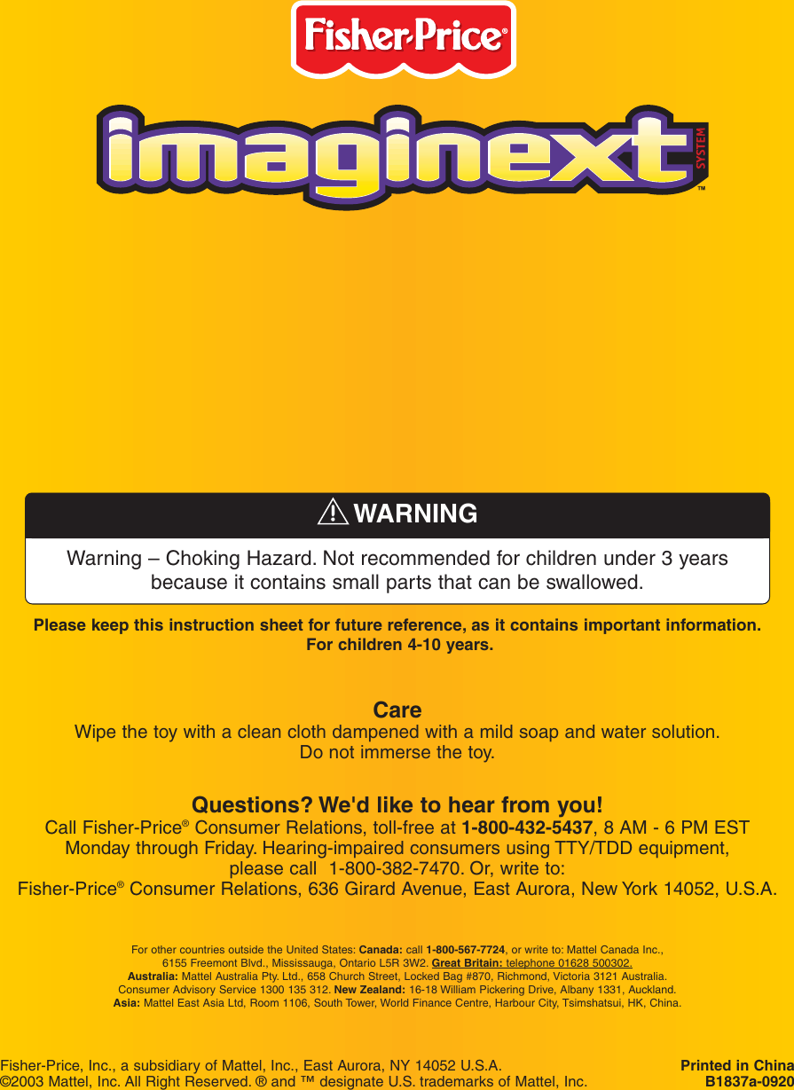 Page 12 of 12 - Fisher-Price Fisher-Price-Imaginext-B1837-Users-Manual-  Fisher-price-imaginext-b1837-users-manual