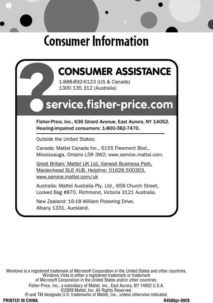 Page 12 of 12 - Fisher-Price Fisher-Price-R4566-Instruction-Sheet- R4566pr-0920  Fisher-price-r4566-instruction-sheet