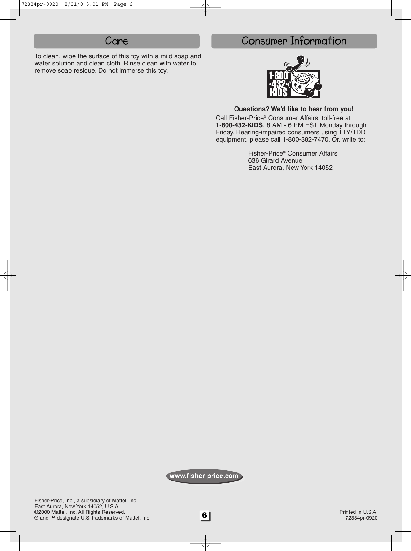 Page 6 of 6 - Fisher-Price Fisher-Price-Rail-And-Road-Set-72334-Users-Manual- 72334pr-0920 Fisher-price-rail-and-road-set-72334-users-manual