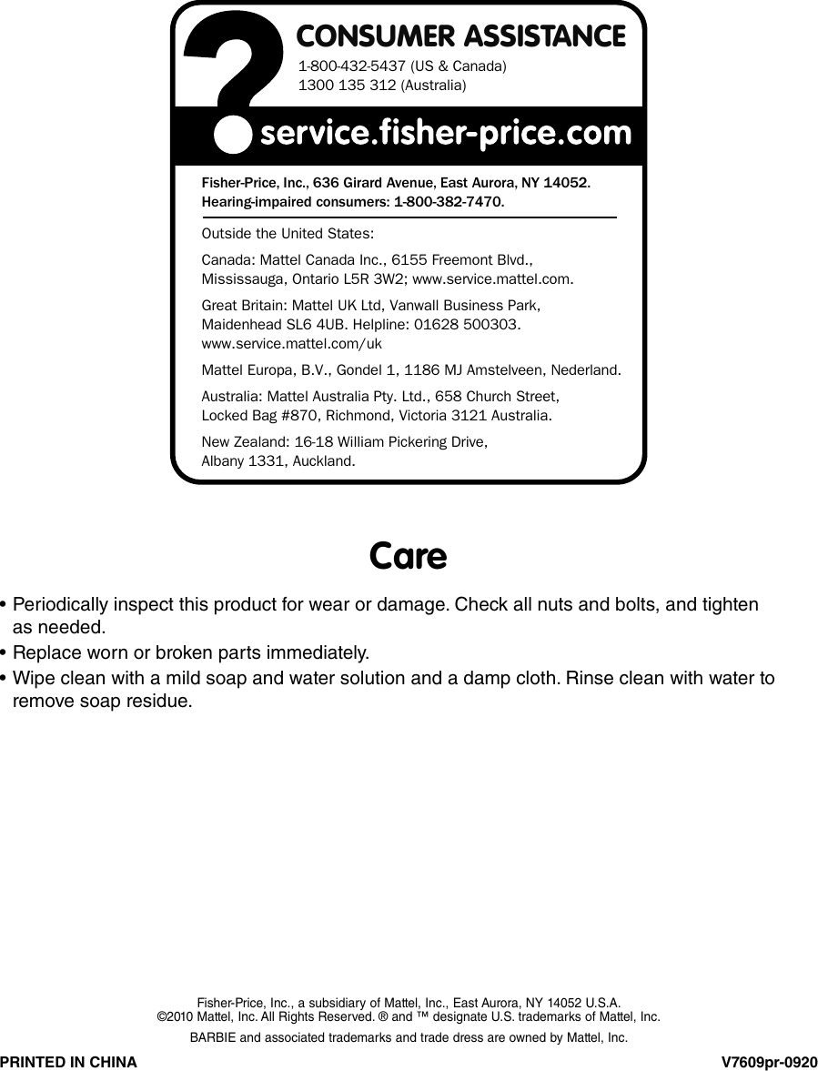 Page 6 of 8 - Fisher-Price Fisher-Price-V7609-Instruction-Sheet- V7609pr-0920  Fisher-price-v7609-instruction-sheet