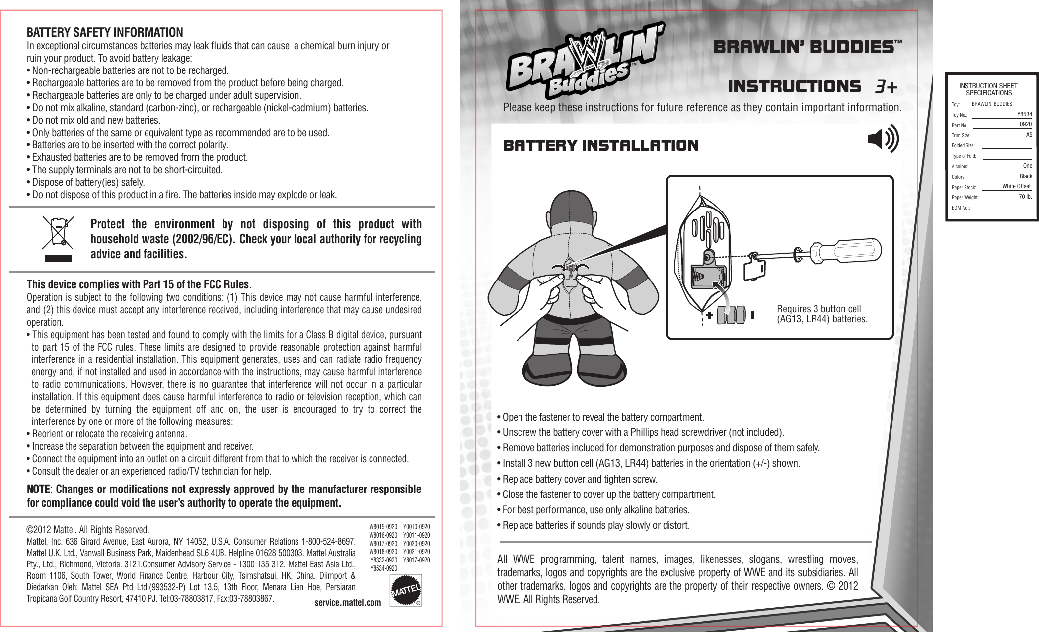 Fisher Price W8018 Instruction Sheet Y8534 Wwe Brawlin Buddies Dom Is