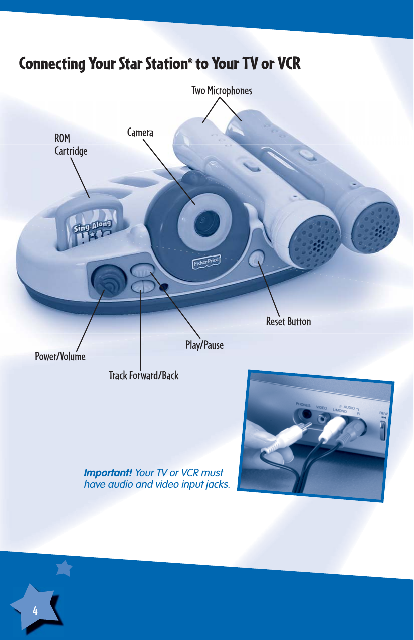 4Connecting Your Star Station® to Your TV or VCRImportant! Your TV or VCR musthave audio and video input jacks.CameraTwo MicrophonesROMCartridgePower/VolumeTrack Forward/BackPlay/PauseReset Button