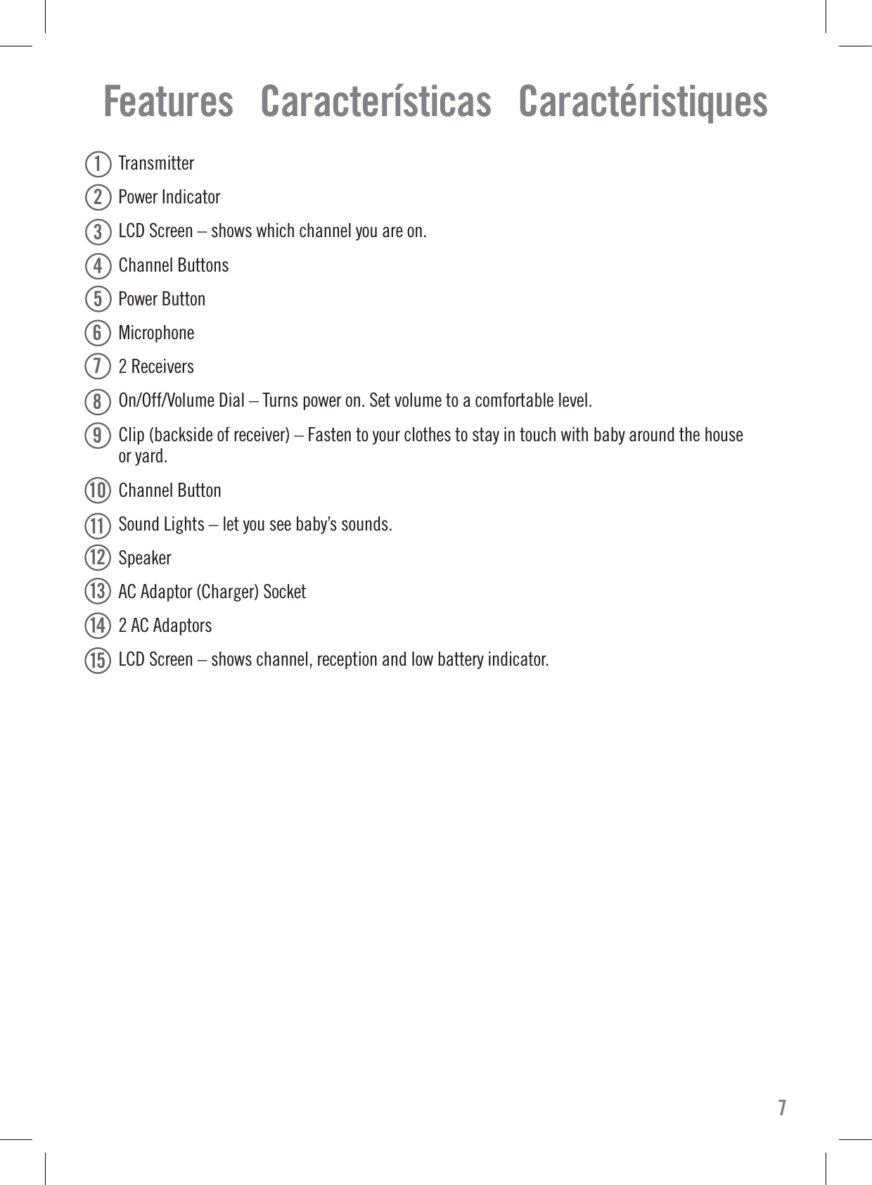  Transmitter Power Indicator LCD Screen – shows which channel you are on. Channel Buttons Power Button Microphone 2 Receivers On/Off/Volume Dial – Turns power on. Set volume to a comfortable level. Clip (backside of receiver) – Fasten to your clothes to stay in touch with baby around the houseor yard. Channel Button Sound Lights – let you see baby’s sounds.  Speaker AC Adaptor (Charger) Socket 2 AC Adaptors LCD Screen – shows channel, reception and low battery indicator.Features   Características   Caractéristiques7141511121312345678910