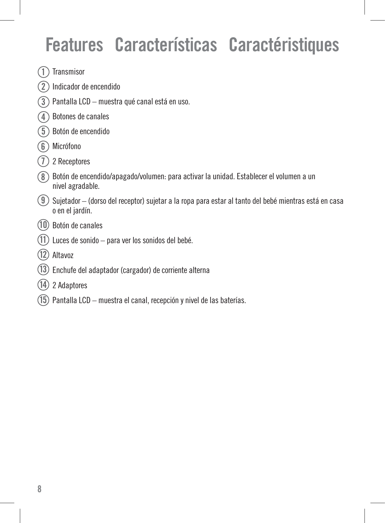 Features   Características   Caractéristiques8 Transmisor Indicador de encendido Pantalla LCD – muestra qué canal está en uso. Botones de canales Botón de encendido Micrófono 2 Receptores Botón de encendido/apagado/volumen: para activar la unidad. Establecer el volumen a unnivel agradable. Sujetador – (dorso del receptor) sujetar a la ropa para estar al tanto del bebé mientras está en casao en el jardín. Botón de canales Luces de sonido – para ver los sonidos del bebé.  Altavoz Enchufe del adaptador (cargador) de corriente alterna 2 Adaptores Pantalla LCD – muestra el canal, recepción y nivel de las baterías.141511121312345678910