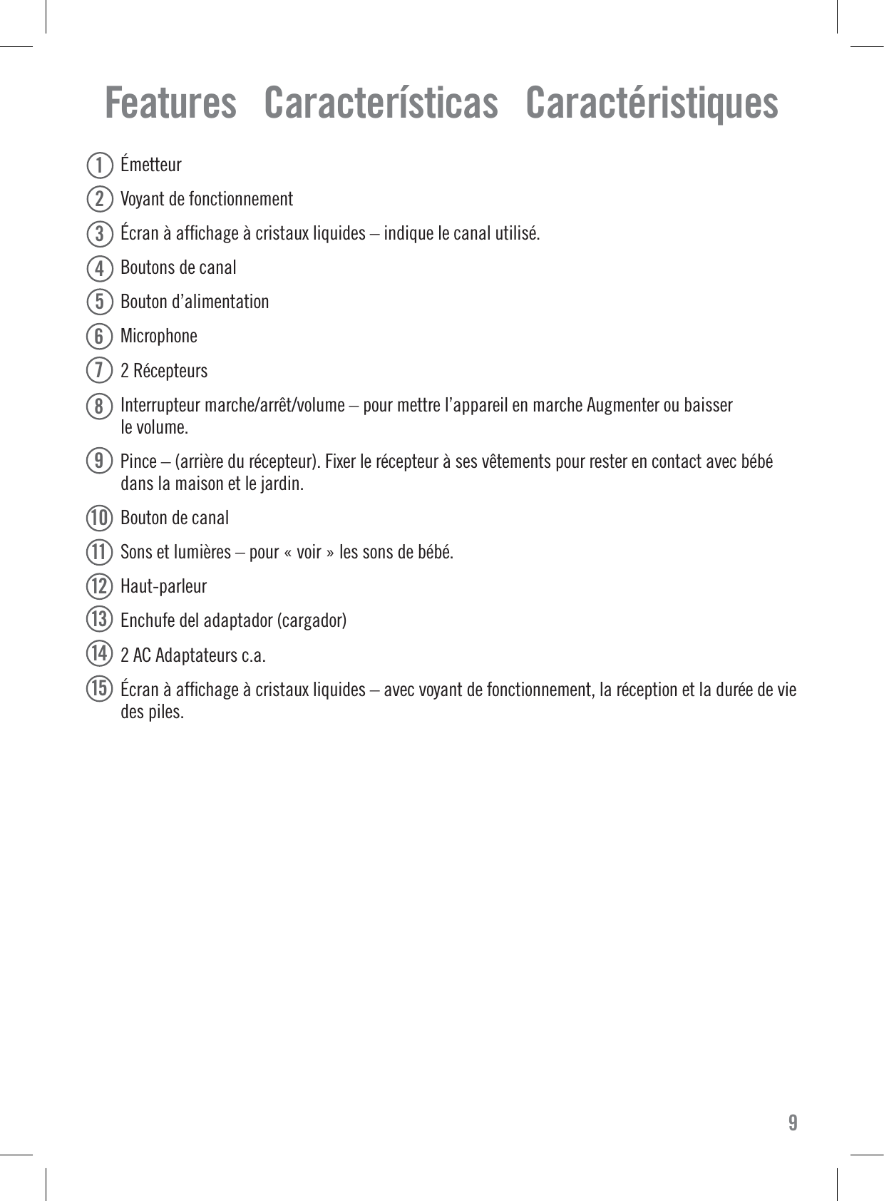 Features   Características   Caractéristiques Émetteur Voyant de fonctionnement Écran à afﬁchage à cristaux liquides – indique le canal utilisé. Boutons de canal Bouton d’alimentation Microphone 2 Récepteurs Interrupteur marche/arrêt/volume – pour mettre l’appareil en marche Augmenter ou baisserle volume. Pince – (arrière du récepteur). Fixer le récepteur à ses vêtements pour rester en contact avec bébédans la maison et le jardin. Bouton de canal Sons et lumières – pour « voir » les sons de bébé.  Haut-parleur Enchufe del adaptador (cargador) 2 AC Adaptateurs c.a. Écran à afﬁchage à cristaux liquides – avec voyant de fonctionnement, la réception et la durée de viedes piles. 1415111213123456789109