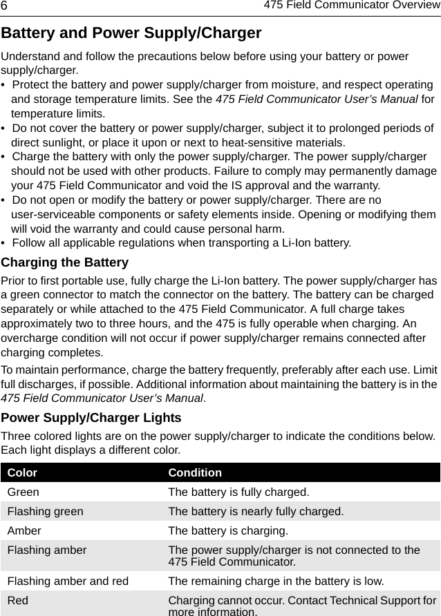 475 Field Communicator Overview6Battery and Power Supply/ChargerUnderstand and follow the precautions below before using your battery or power supply/charger.• Protect the battery and power supply/charger from moisture, and respect operating and storage temperature limits. See the 475 Field Communicator User’s Manual for temperature limits.• Do not cover the battery or power supply/charger, subject it to prolonged periods of direct sunlight, or place it upon or next to heat-sensitive materials. • Charge the battery with only the power supply/charger. The power supply/charger should not be used with other products. Failure to comply may permanently damage your 475 Field Communicator and void the IS approval and the warranty.• Do not open or modify the battery or power supply/charger. There are no user-serviceable components or safety elements inside. Opening or modifying them will void the warranty and could cause personal harm.• Follow all applicable regulations when transporting a Li-Ion battery.Charging the BatteryPrior to first portable use, fully charge the Li-Ion battery. The power supply/charger has a green connector to match the connector on the battery. The battery can be charged separately or while attached to the 475 Field Communicator. A full charge takes approximately two to three hours, and the 475 is fully operable when charging. An overcharge condition will not occur if power supply/charger remains connected after charging completes. To maintain performance, charge the battery frequently, preferably after each use. Limit full discharges, if possible. Additional information about maintaining the battery is in the 475 Field Communicator User’s Manual.Power Supply/Charger LightsThree colored lights are on the power supply/charger to indicate the conditions below. Each light displays a different color.Color  ConditionGreen The battery is fully charged.Flashing green  The battery is nearly fully charged.Amber The battery is charging.Flashing amber The power supply/charger is not connected to the 475 Field Communicator.Flashing amber and red The remaining charge in the battery is low.Red Charging cannot occur. Contact Technical Support for more information.