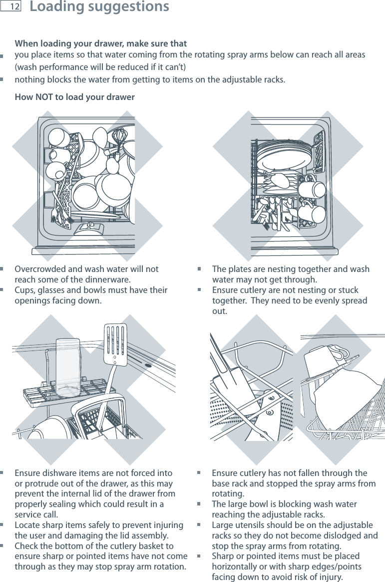 12 Loading suggestionsWhen loading your drawer, make sure that  you place items so that water coming from the rotating spray arms below can reach all areas (wash performance will be reduced if it can&rsquo;t) nothing blocks the water from getting to items on the adjustable racks. How NOT to load your drawer  Overcrowded and wash water will not reach some of the dinnerware.   Cups, glasses and bowls must have their openings facing down. The plates are nesting together and wash water may not get through.   Ensure cutlery are not nesting or stuck together.  They need to be evenly spread out. Ensure dishware items are not forced into or protrude out of the drawer, as this may prevent the internal lid of the drawer from properly sealing which could result in a service call. Locate sharp items safely to prevent injuring the user and damaging the lid assembly. Check the bottom of the cutlery basket to ensure sharp or pointed items have not come through as they may stop spray arm rotation. Ensure cutlery has not fallen through the base rack and stopped the spray arms from rotating. The large bowl is blocking wash water reaching the adjustable racks. Large utensils should be on the adjustable racks so they do not become dislodged and stop the spray arms from rotating. Sharp or pointed items must be placed horizontally or with sharp edges/points facing down to avoid risk of injury.