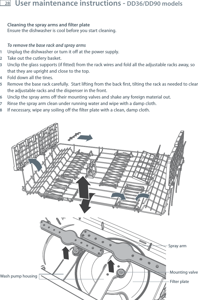 28 User maintenance instructions - DD36/DD90 models  Cleaning the spray arms and filter plateEnsure the dishwasher is cool before you start cleaning.To remove the base rack and spray arms1  Unplug the dishwasher or turn it off at the power supply. 2  Take out the cutlery basket.3  Unclip the glass supports (if fitted) from the rack wires and fold all the adjustable racks away, so that they are upright and close to the top.4  Fold down all the tines.5  Remove the base rack carefully.  Start lifting from the back first, tilting the rack as needed to clear the adjustable racks and the dispenser in the front.6  Unclip the spray arms off their mounting valves and shake any foreign material out.7  Rinse the spray arm clean under running water and wipe with a damp cloth.8  If necessary, wipe any soiling off the filter plate with a clean, damp cloth.Spray armMounting valveFilter plateWash pump housing